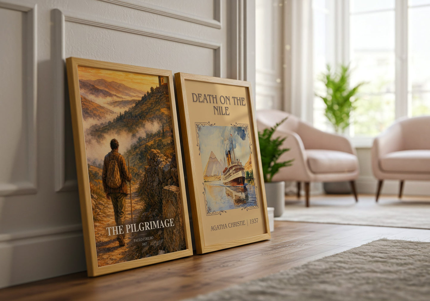 The Pilgrimage watercolour print framed by window – literary home decor