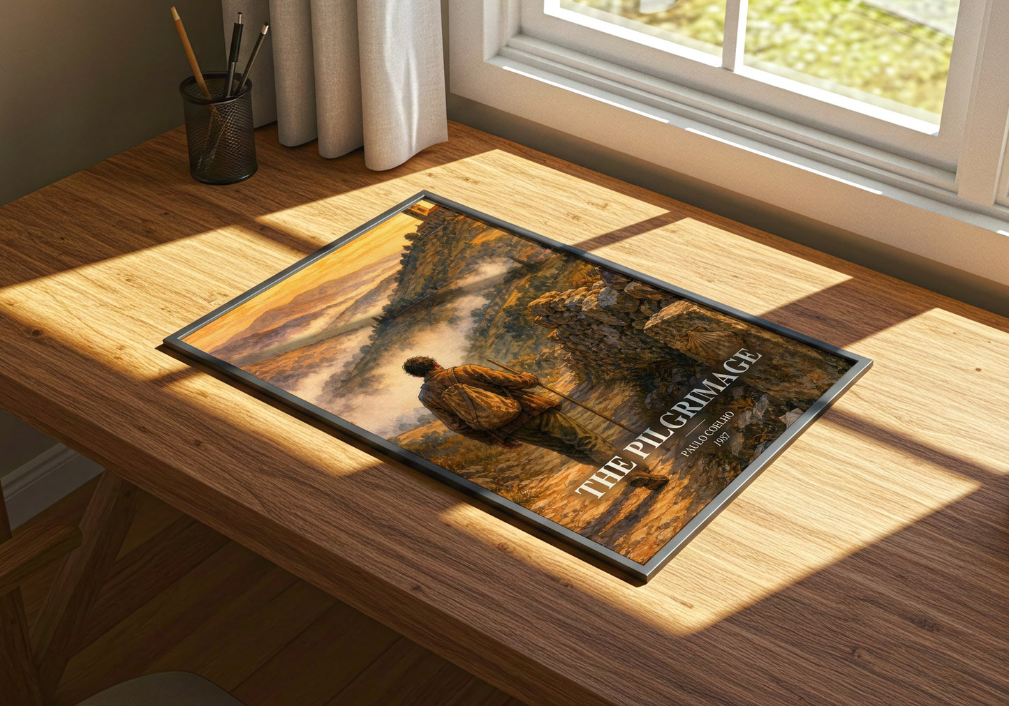 The Pilgrimage watercolour book poster framed on wall – memoir wall art