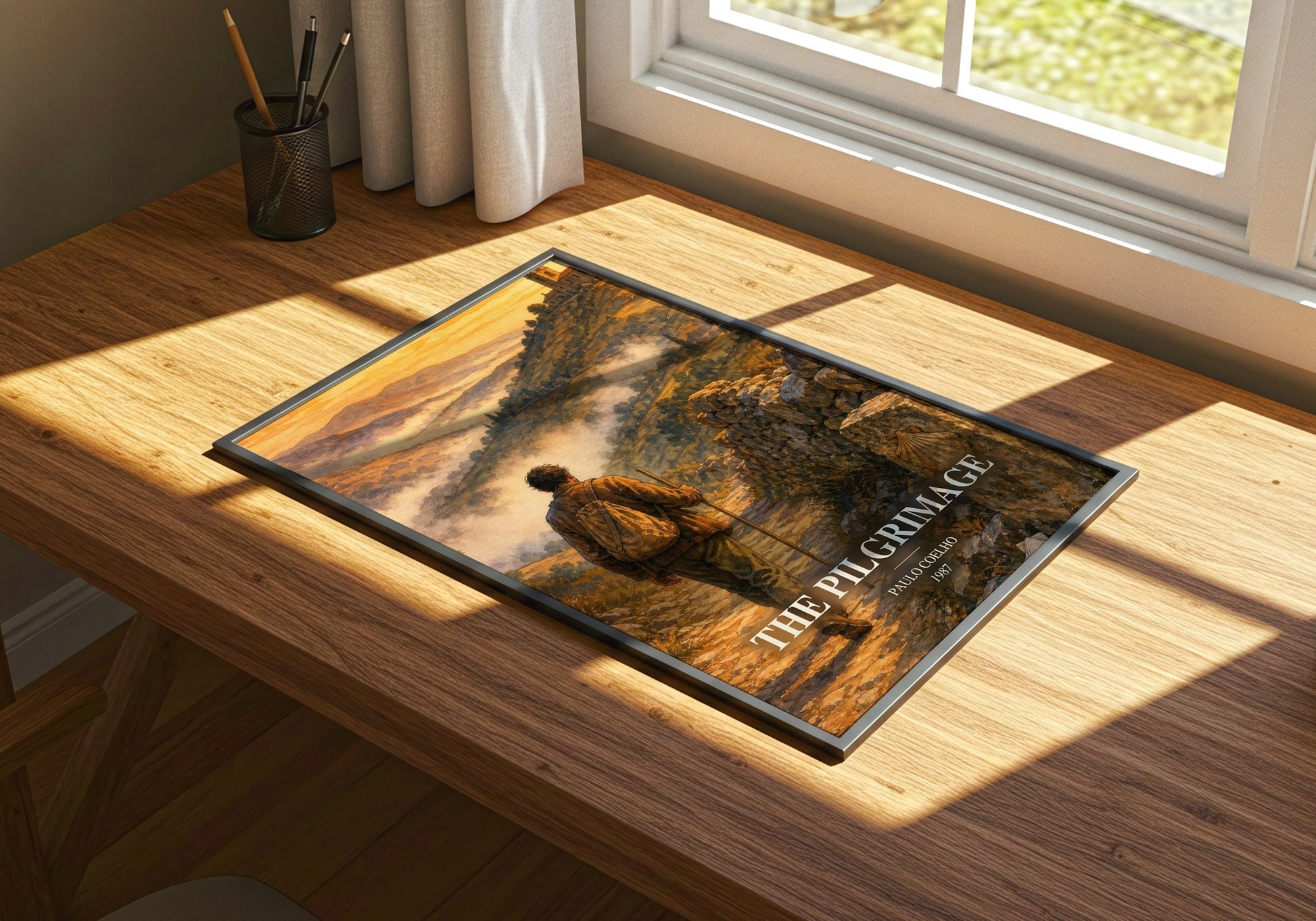 The Pilgrimage watercolour book poster framed on wall – memoir wall art
