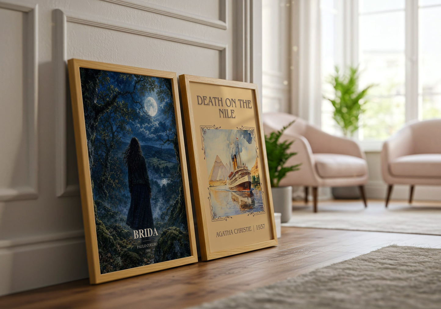 Brida watercolour print framed by window – literary home decor