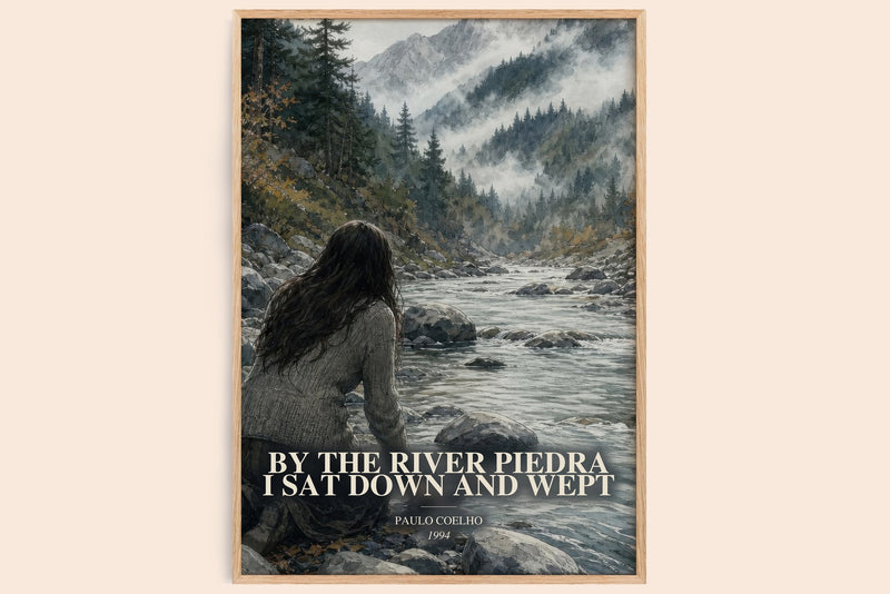By The River Piedra I Sat Down And Wept watercolour book poster by Paulo Coelho – framed literary art print