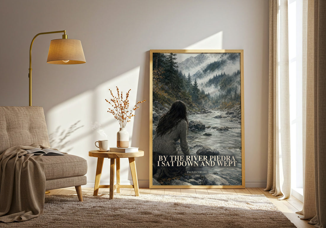 By The River Piedra I Sat Down And Wept watercolour print in frame leaning in hallway – literary fiction wall art (mockup)