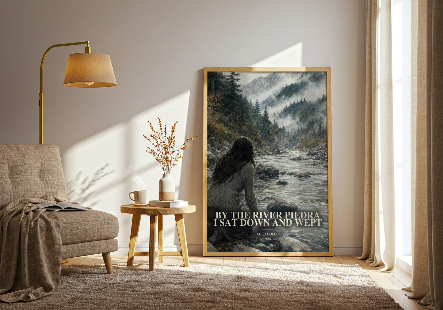 By The River Piedra I Sat Down And Wept watercolour print in frame leaning in hallway – literary fiction wall art