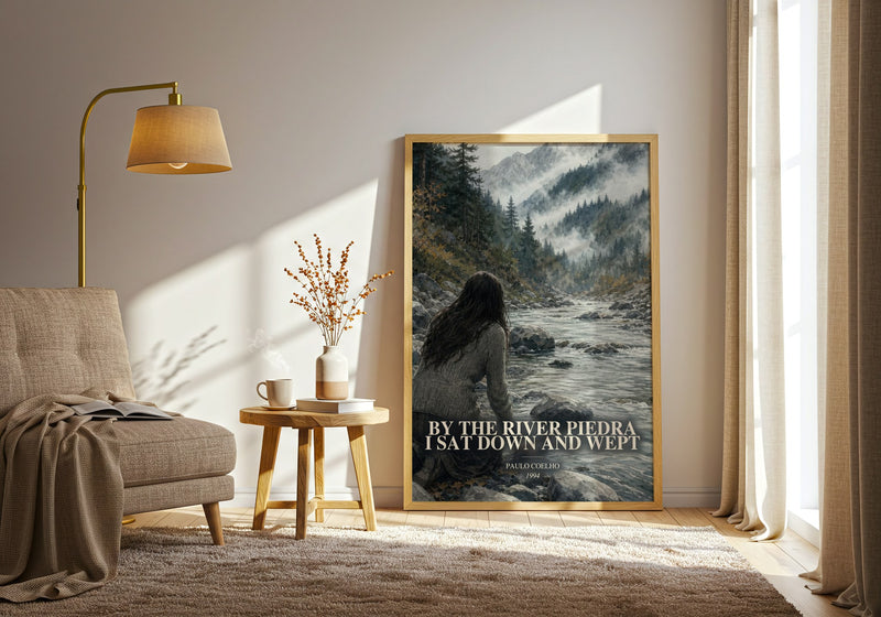 By The River Piedra I Sat Down And Wept watercolour print in frame leaning in hallway – literary fiction wall art