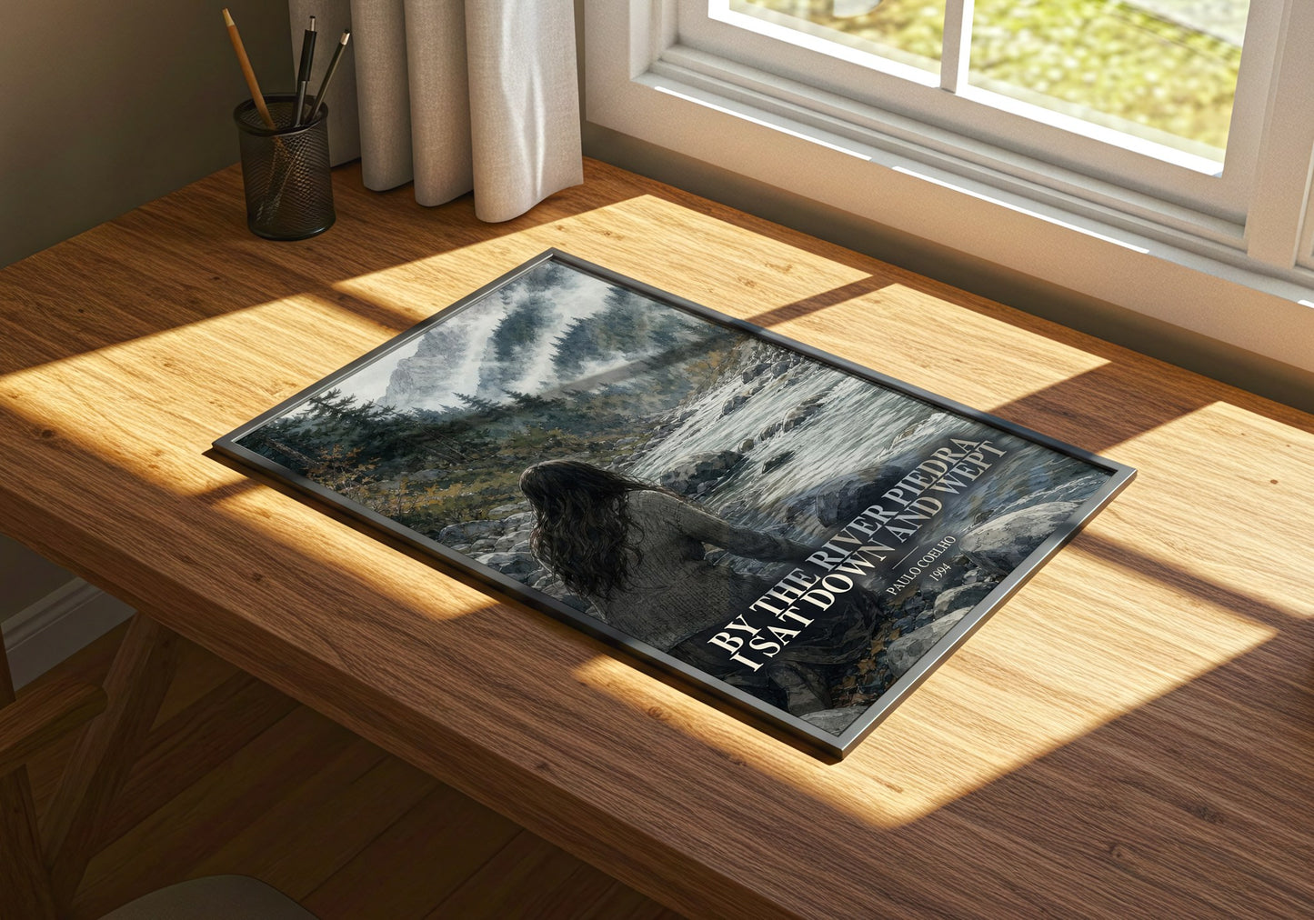 By The River Piedra I Sat Down And Wept watercolour book poster framed on wall – literary fiction wall art