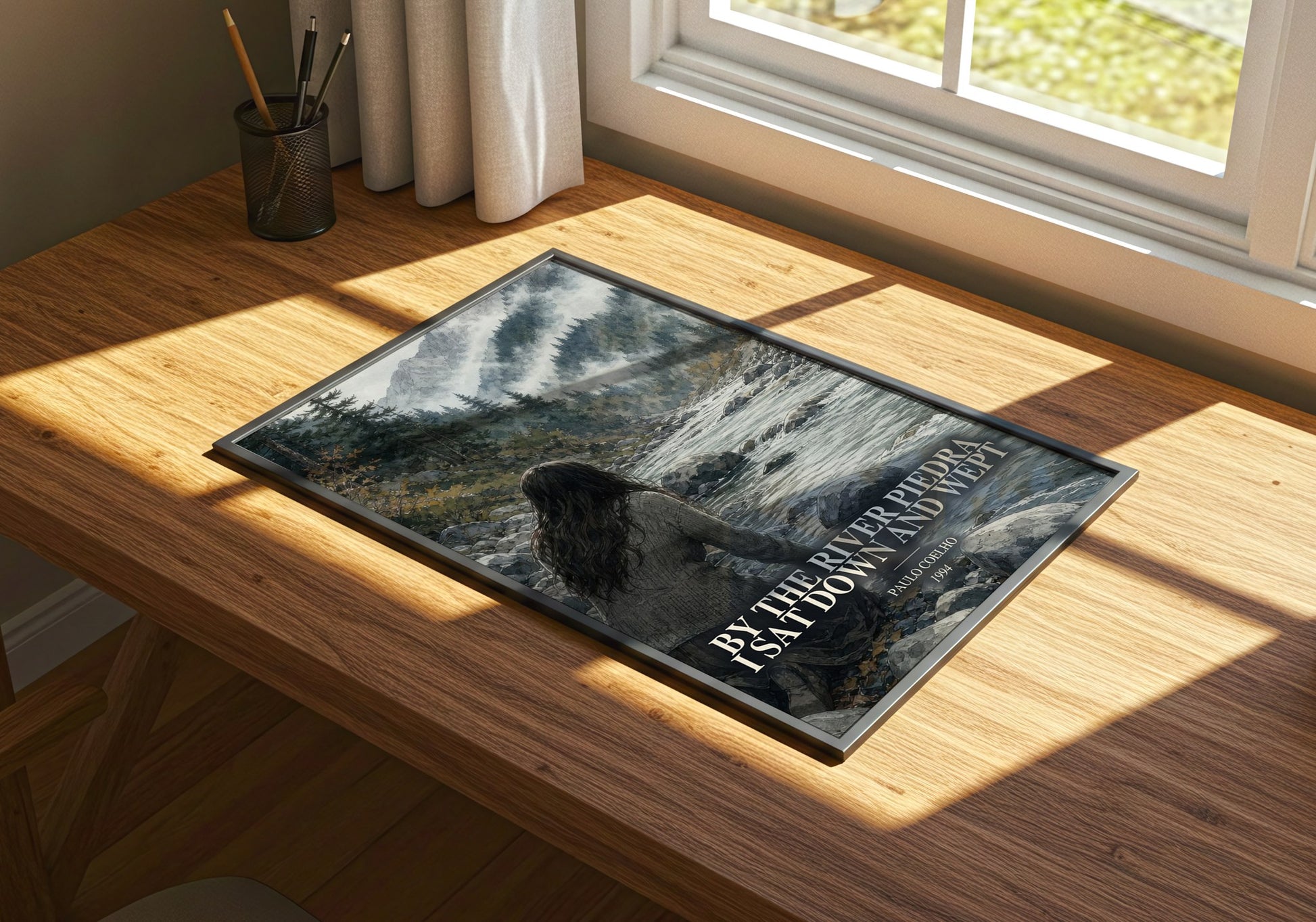 By The River Piedra I Sat Down And Wept watercolour book poster framed on wall – literary fiction wall art
