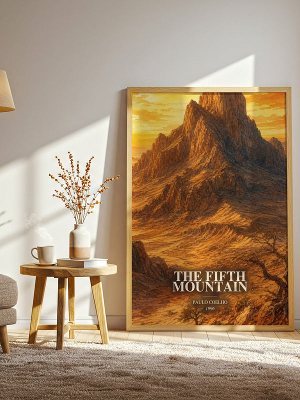 The Fifth Mountain watercolour print in frame leaning in hallway – literary fiction wall art