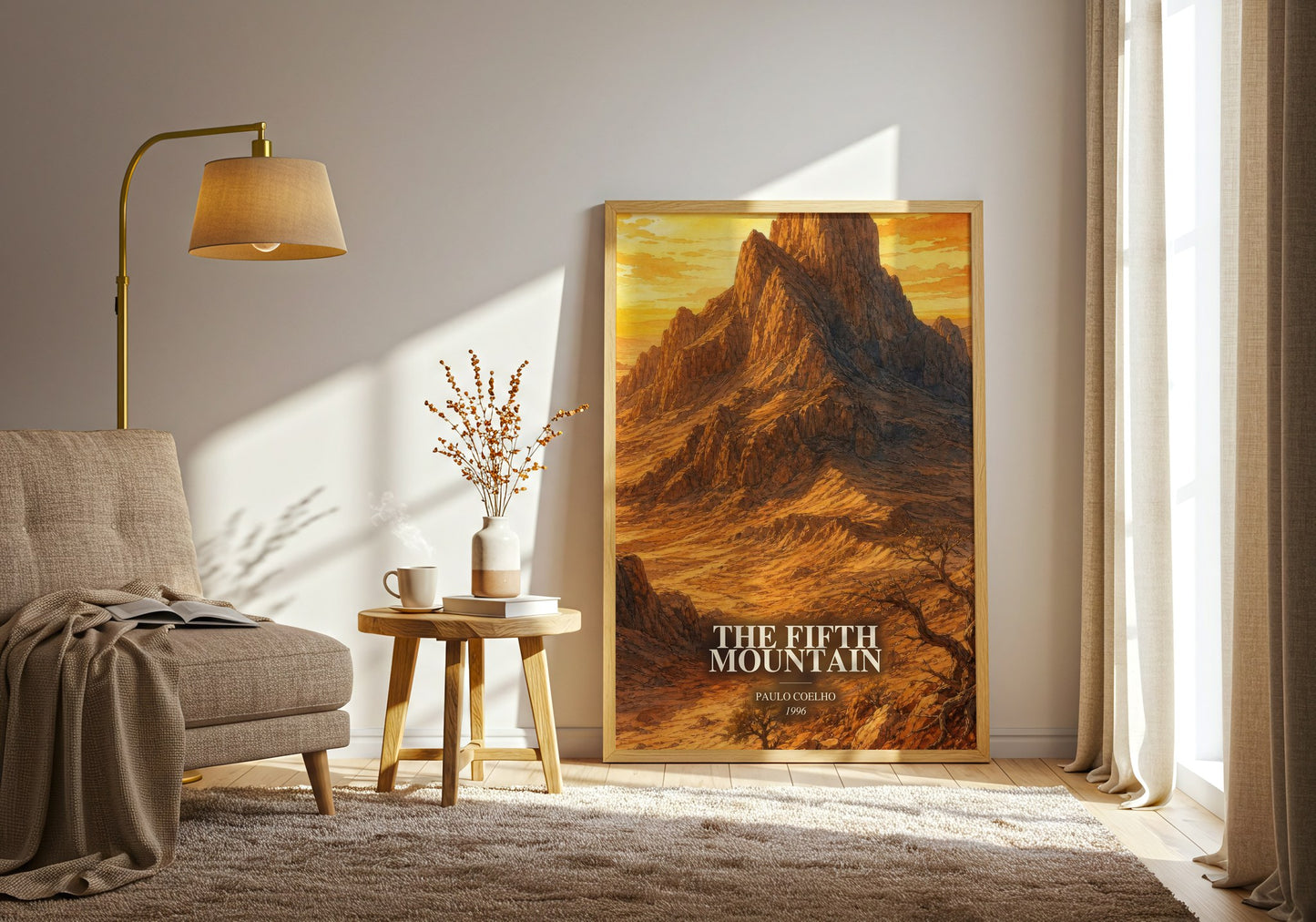 The Fifth Mountain watercolour print in frame leaning in hallway – literary fiction wall art