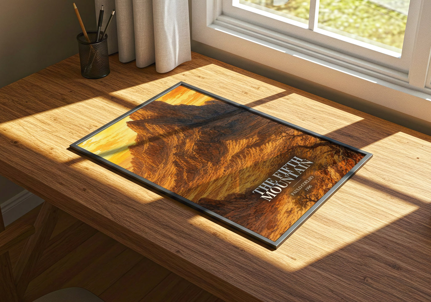 The Fifth Mountain watercolour book poster framed on wall – literary fiction wall art
