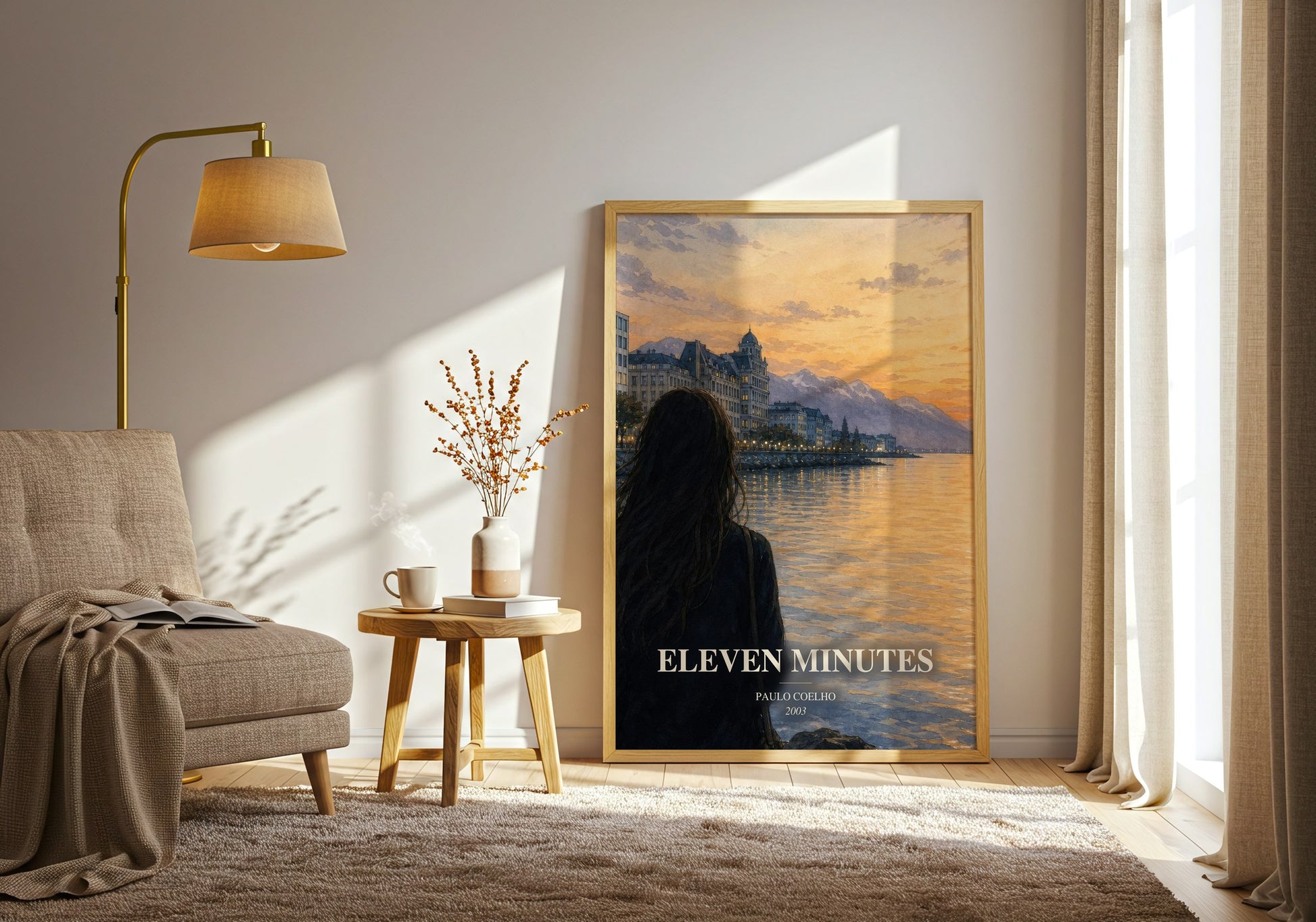 Eleven Minutes watercolour print in frame leaning in hallway – literary fiction wall art
