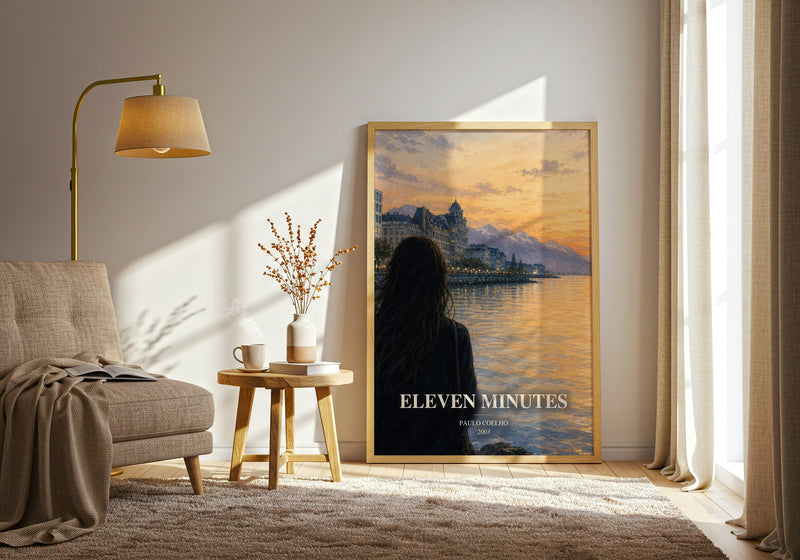 Eleven Minutes watercolour print in frame leaning in hallway – literary fiction wall art