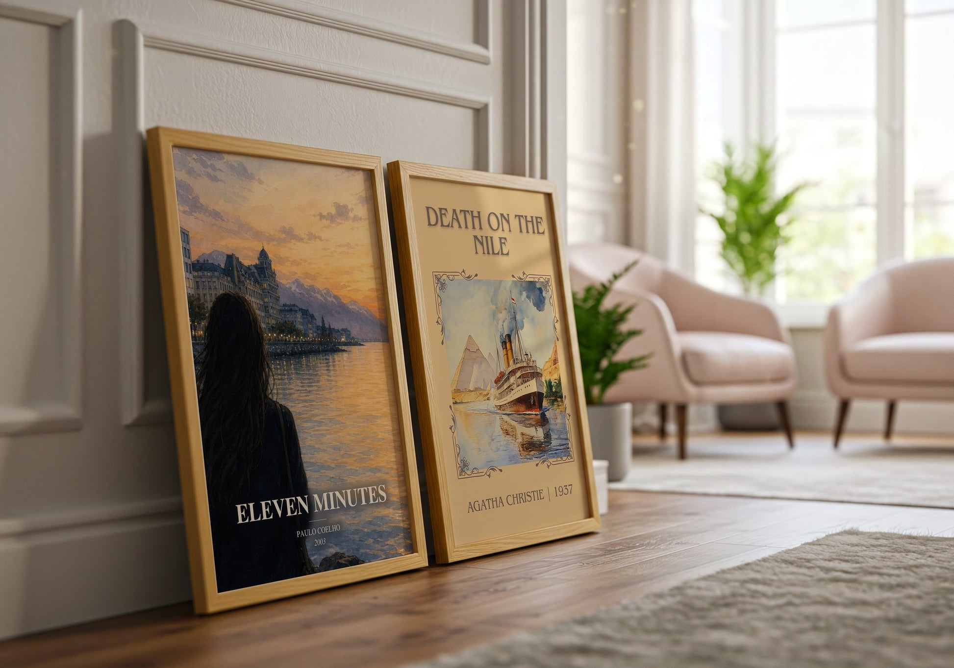 Eleven Minutes watercolour print framed by window – literary home decor