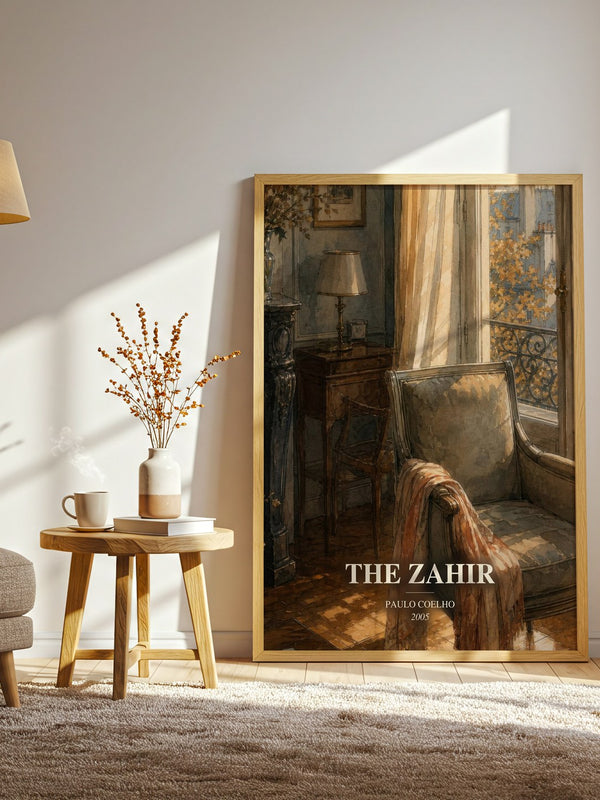 The Zahir watercolour print in frame leaning in hallway – contemporary fiction wall art