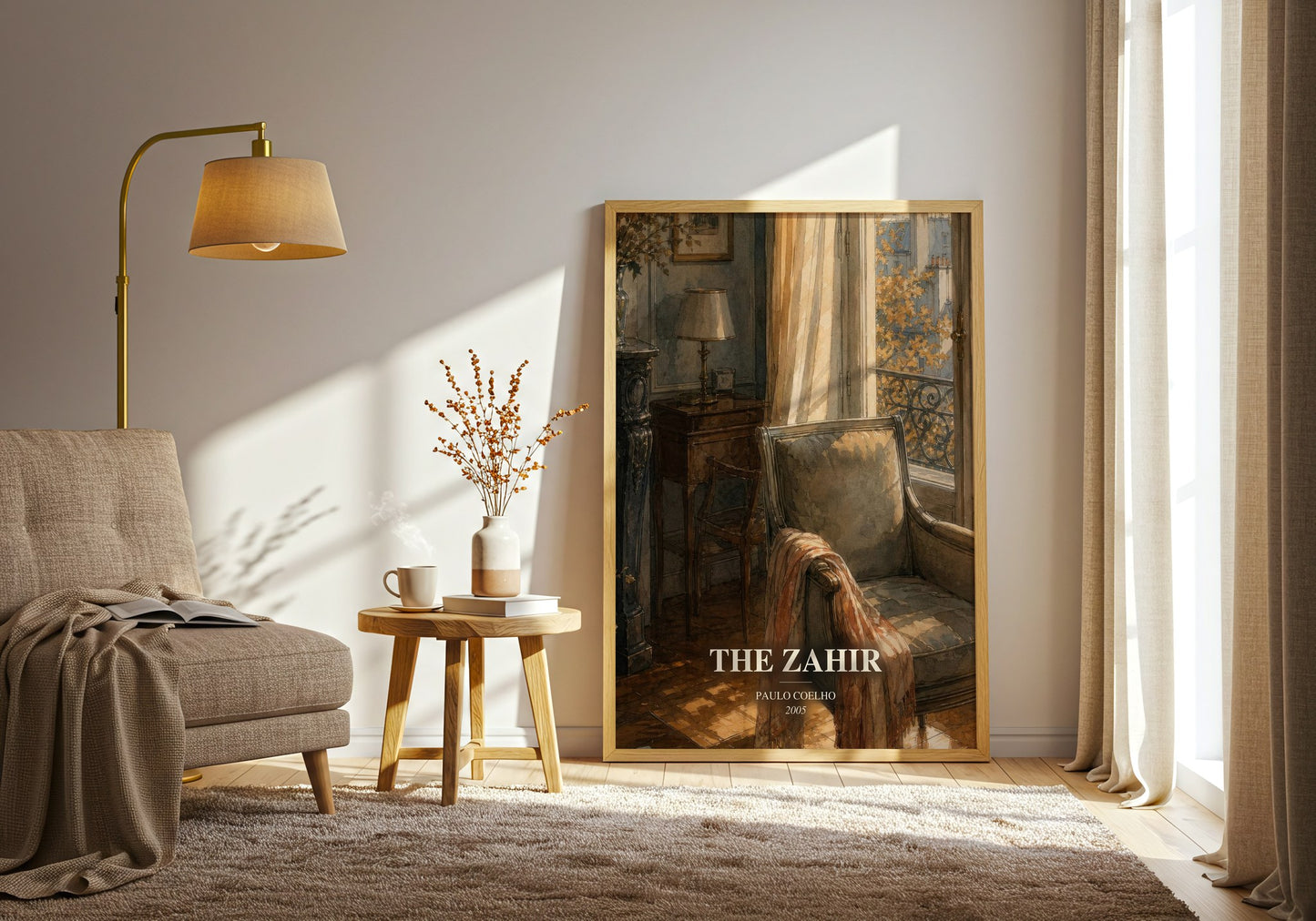 The Zahir watercolour print in frame leaning in hallway – contemporary fiction wall art