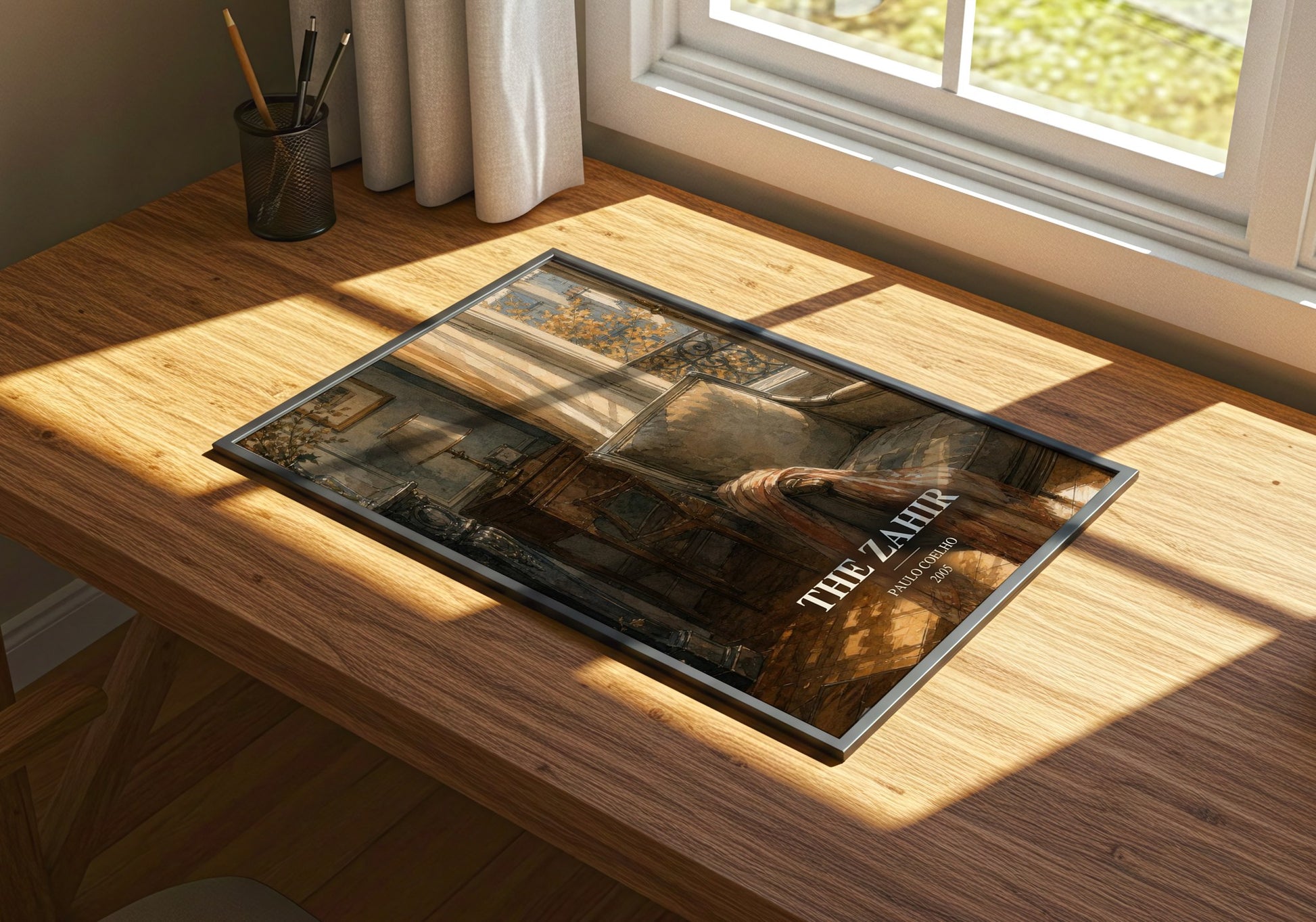 The Zahir watercolour book poster framed on wall – contemporary fiction wall art