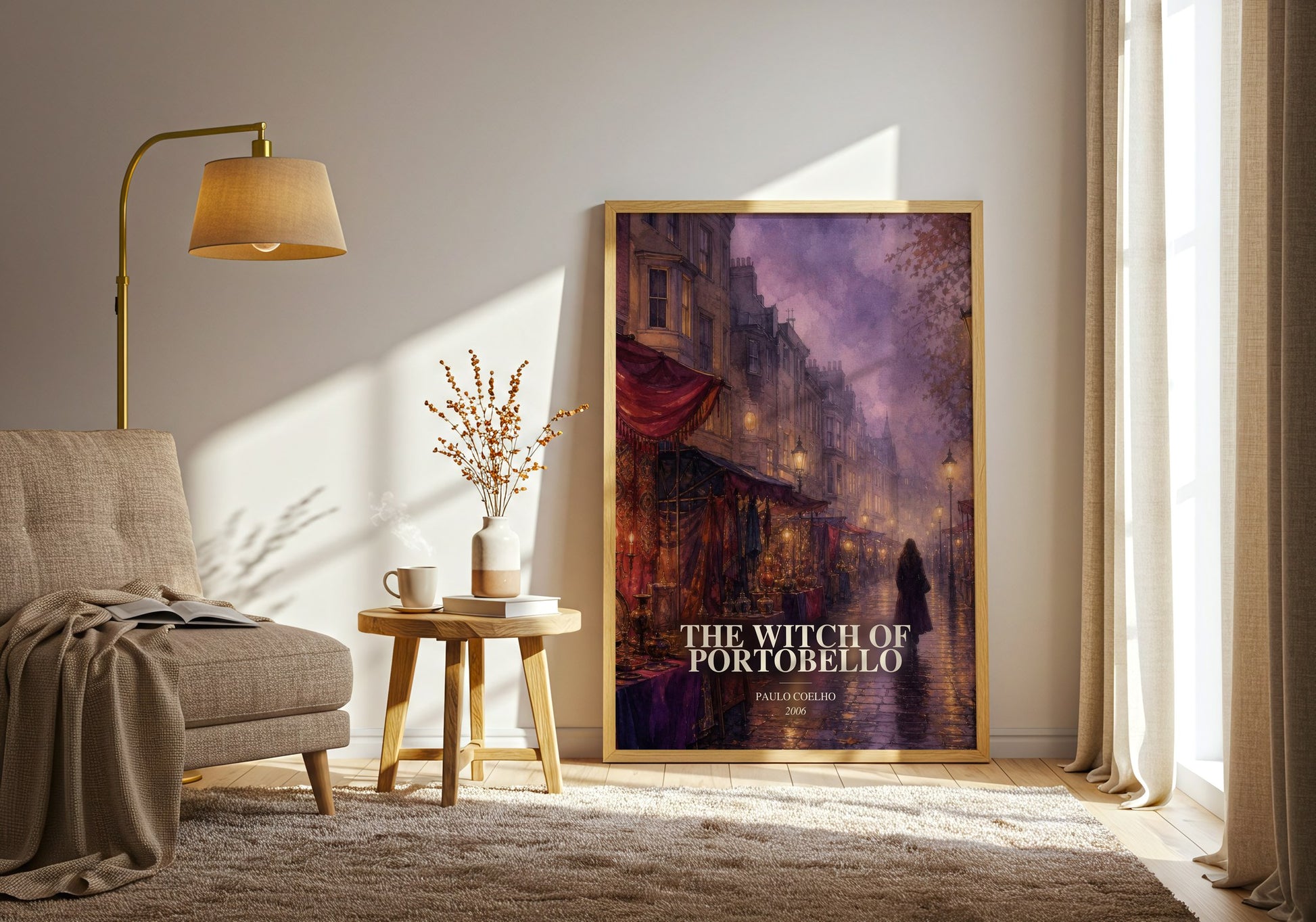 The Witch Of Portobello watercolour print in frame leaning in hallway – literary fiction wall art