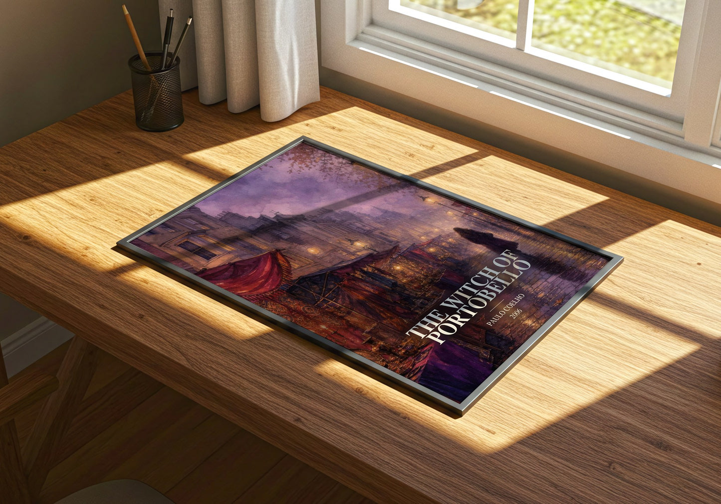 The Witch Of Portobello watercolour book poster framed on wall – literary fiction wall art