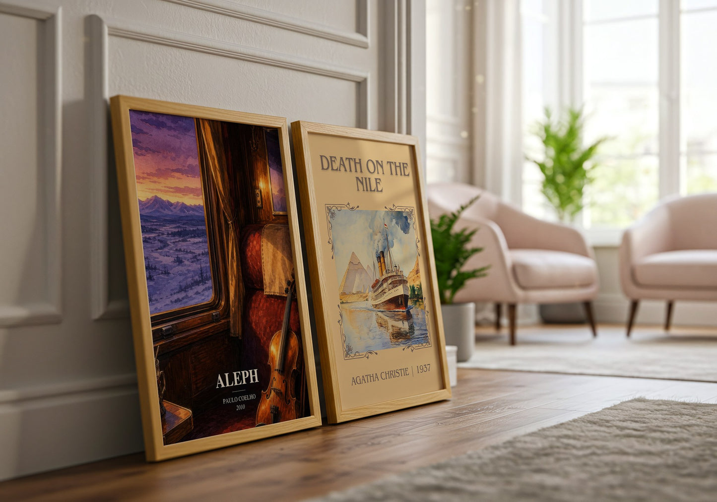 Aleph watercolour print framed by window – literary home decor