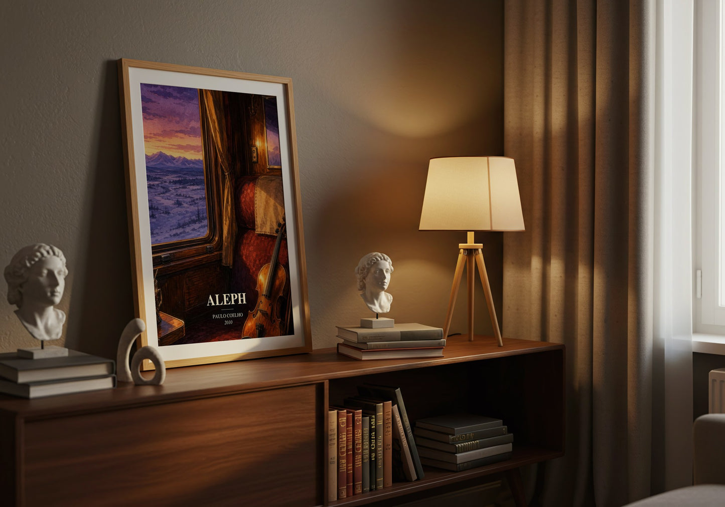 Aleph watercolour print on bookshelf – Paulo Coelho fan gift