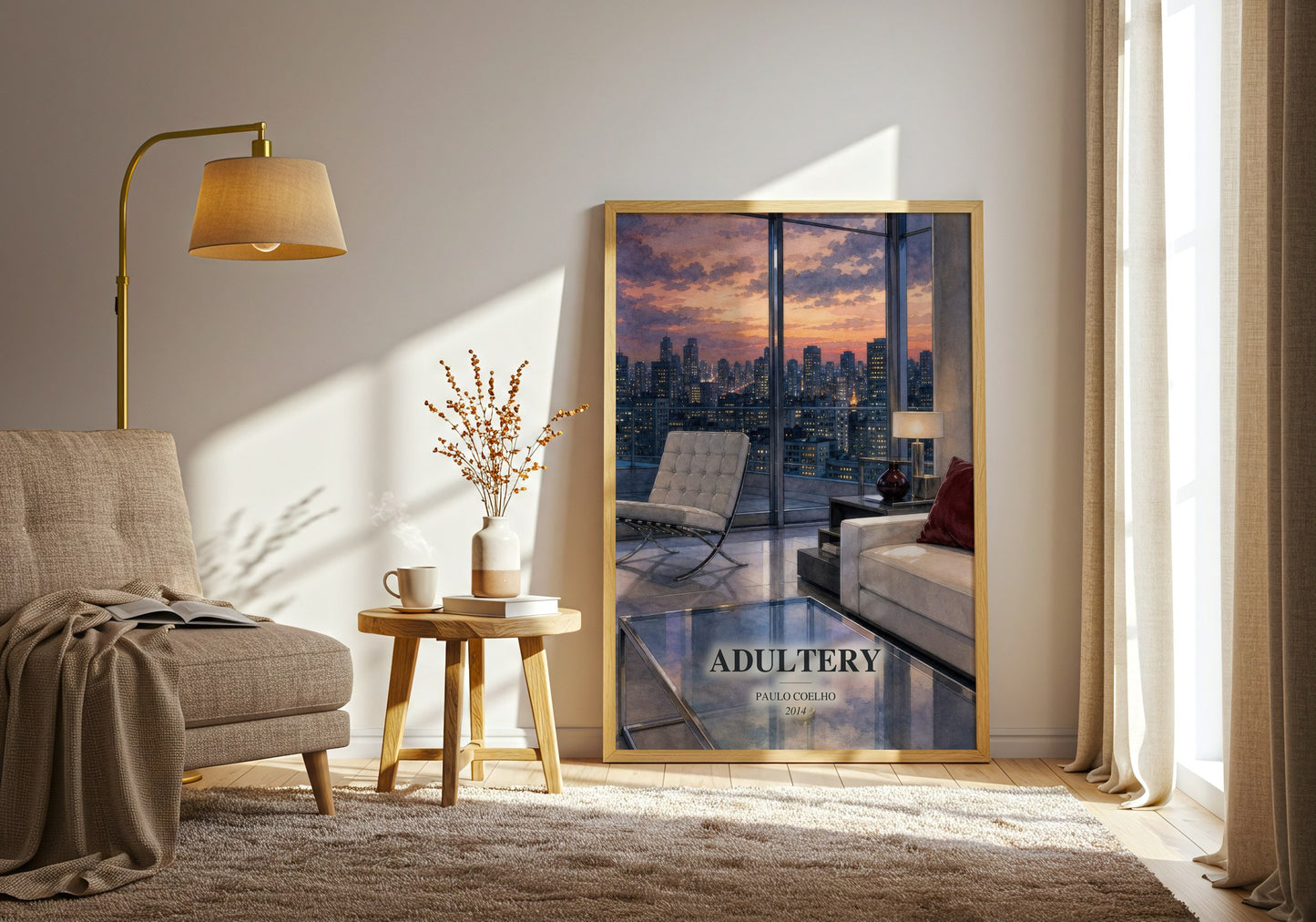Adultery watercolour print in frame leaning in hallway – contemporary fiction wall art