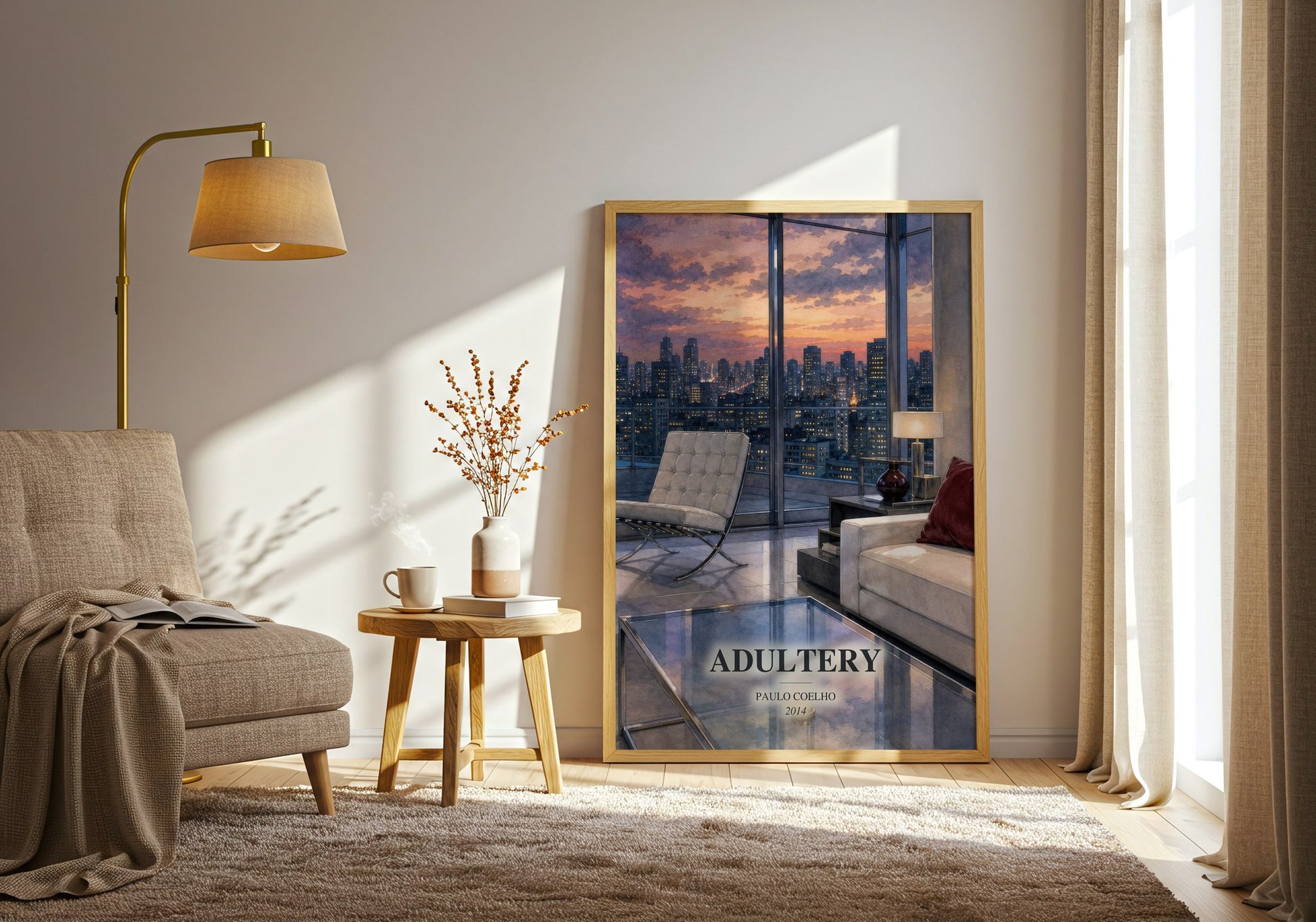 Adultery watercolour print in frame leaning in hallway – contemporary fiction wall art