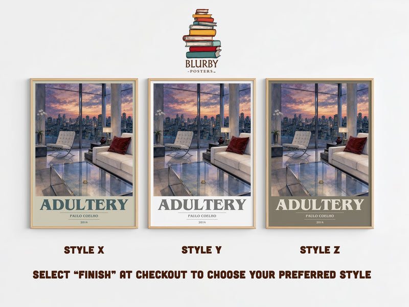 Adultery book cover print in frame leaning in hallway – contemporary fiction wall art