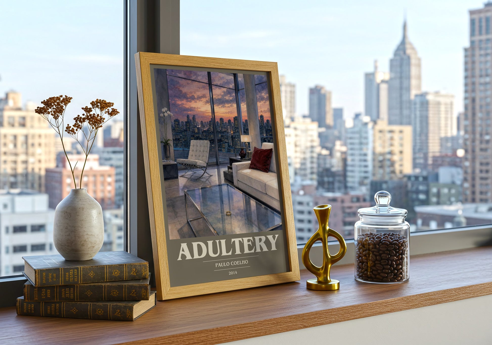 Adultery book cover print framed by window – literary home decor