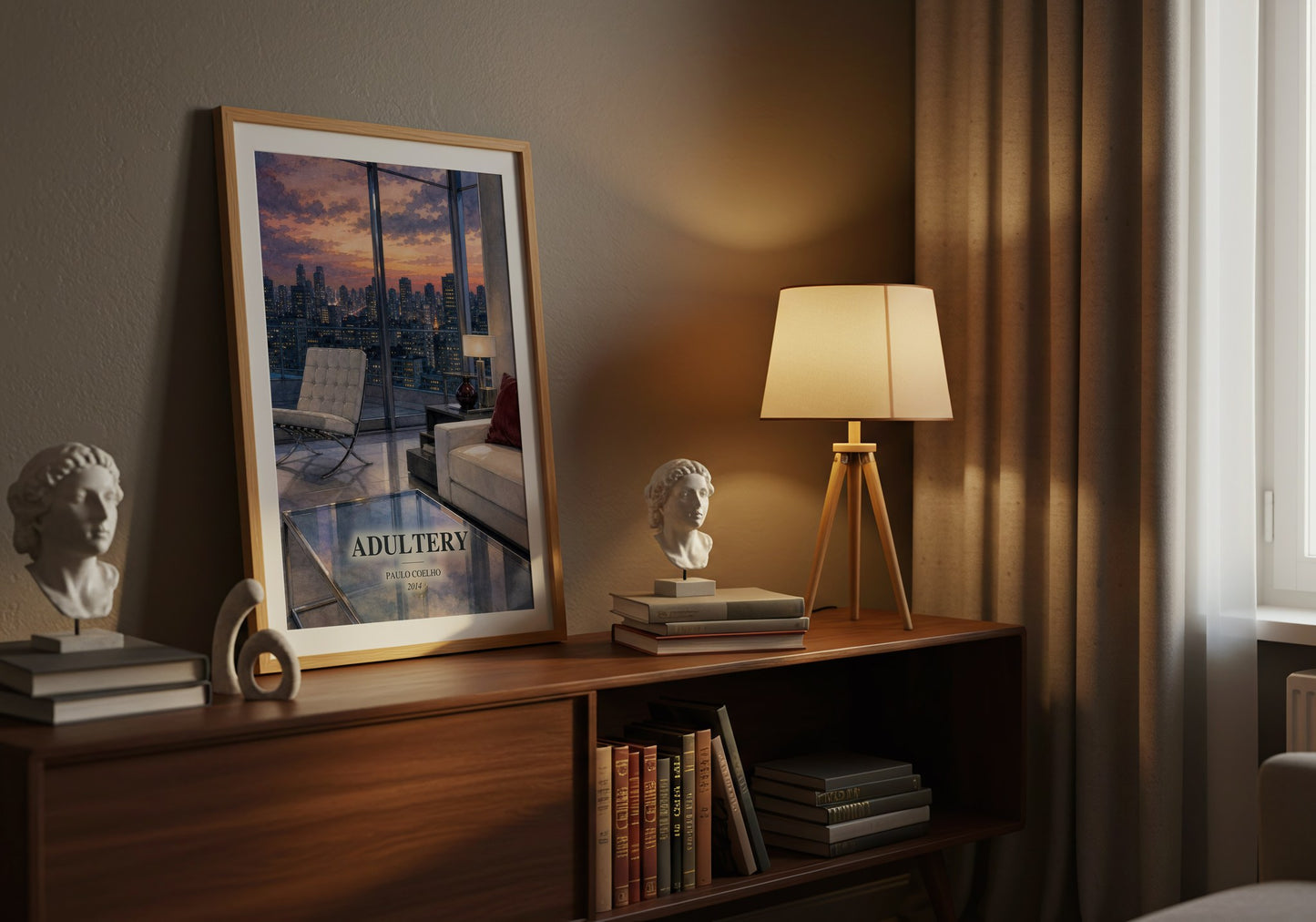 Adultery watercolour print on bookshelf – Paulo Coelho fan gift