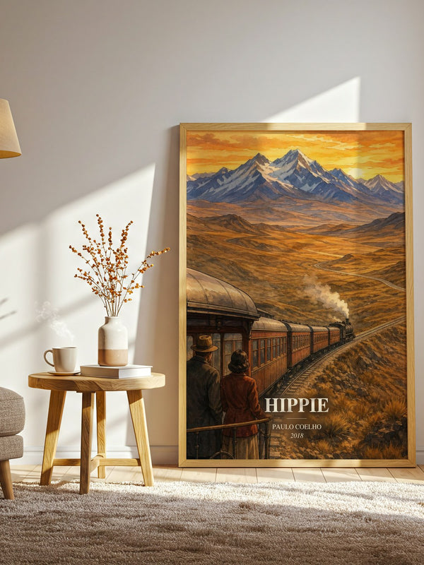 Hippie watercolour print in frame leaning in hallway – literary fiction wall art