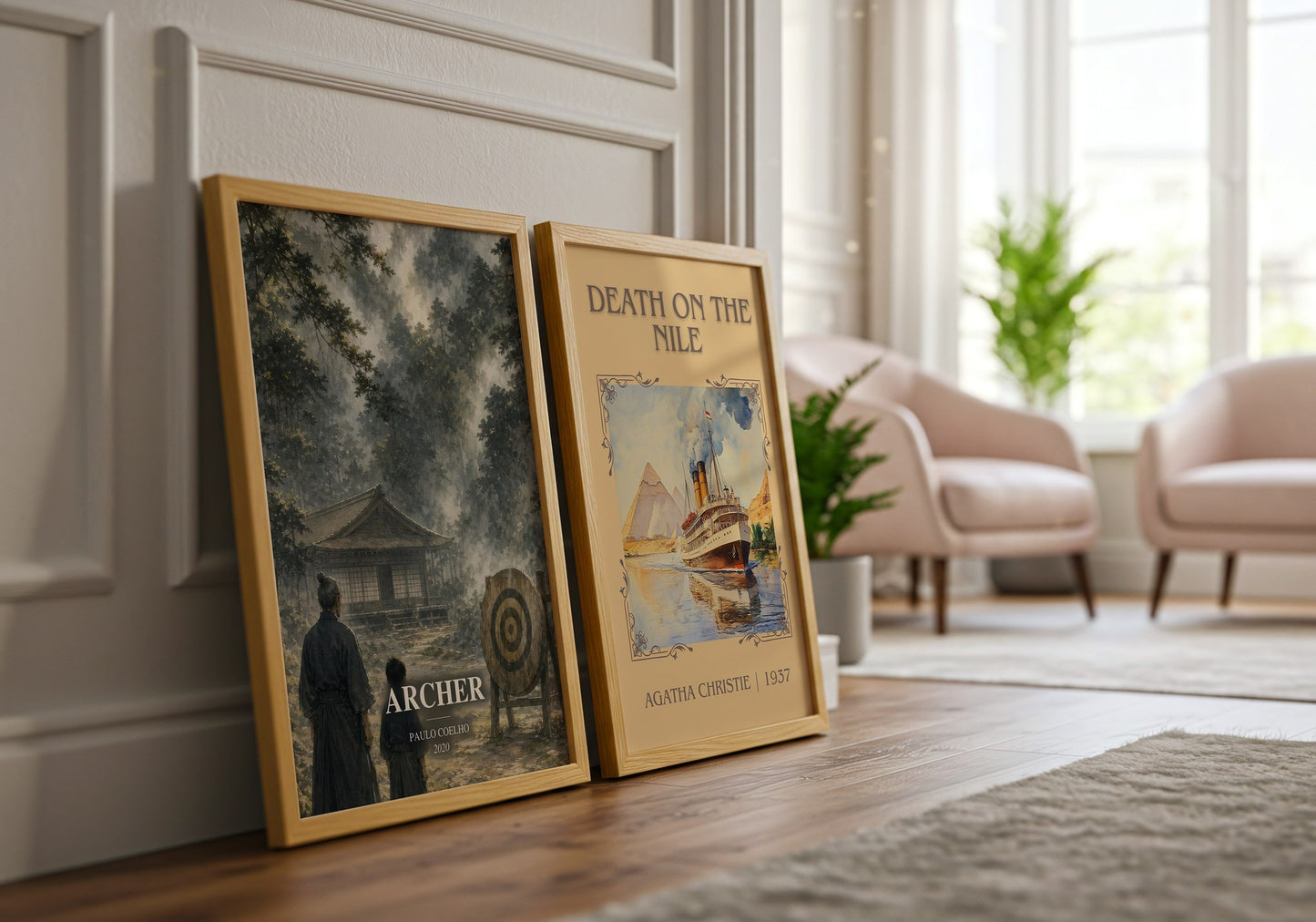Archer watercolour print framed by window – literary home decor