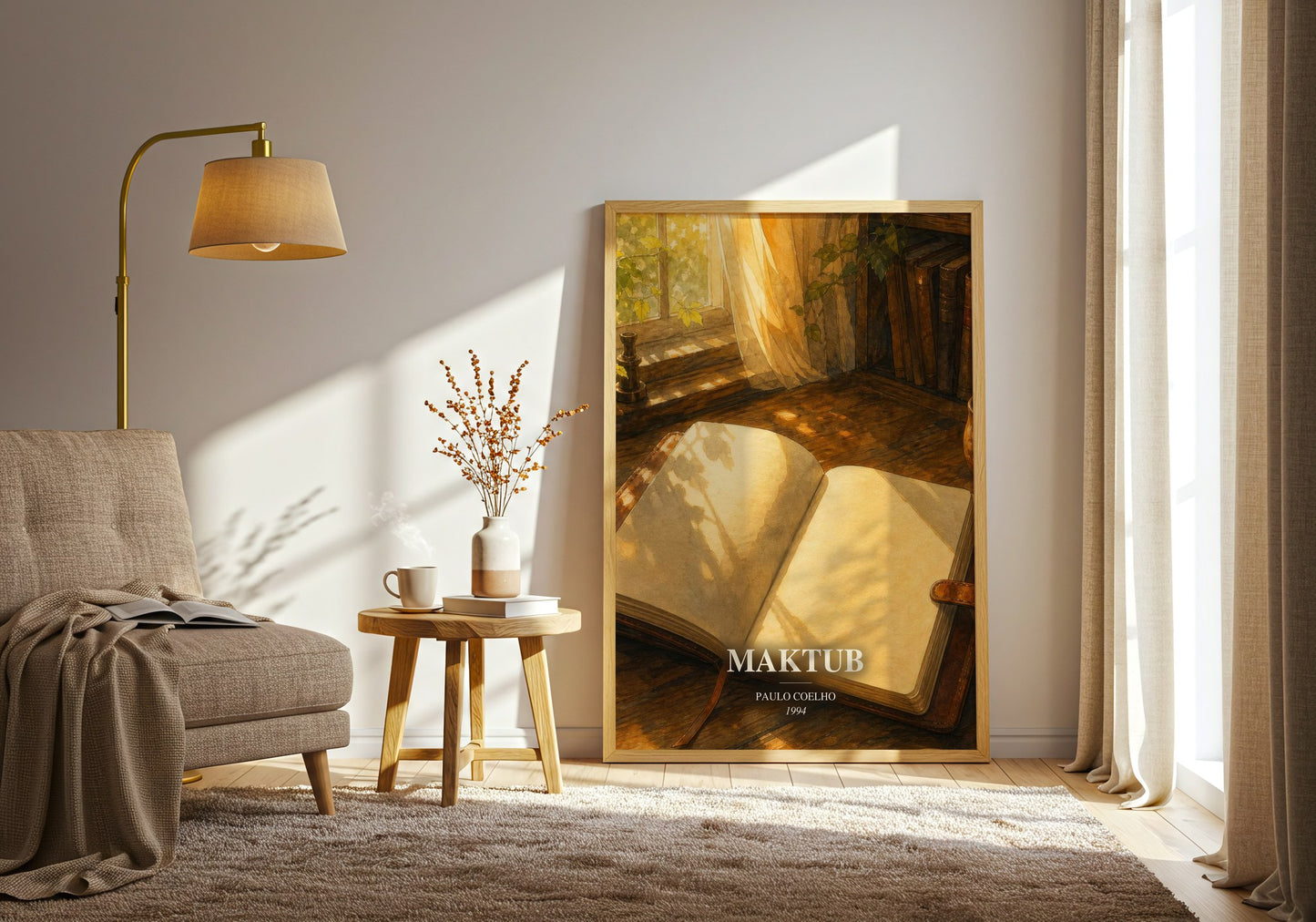 Maktub watercolour print in frame leaning in hallway – philosophy wall art