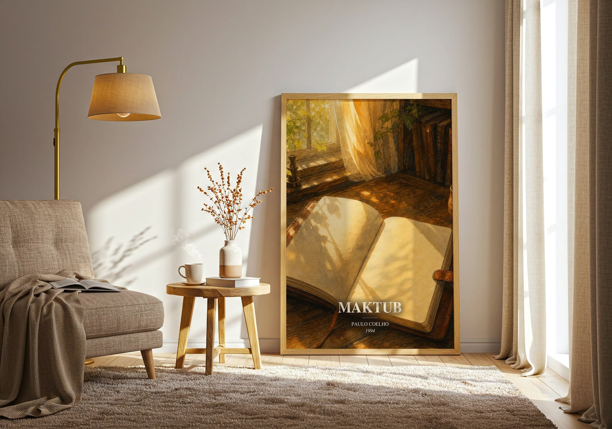 Maktub watercolour print in frame leaning in hallway – philosophy wall art