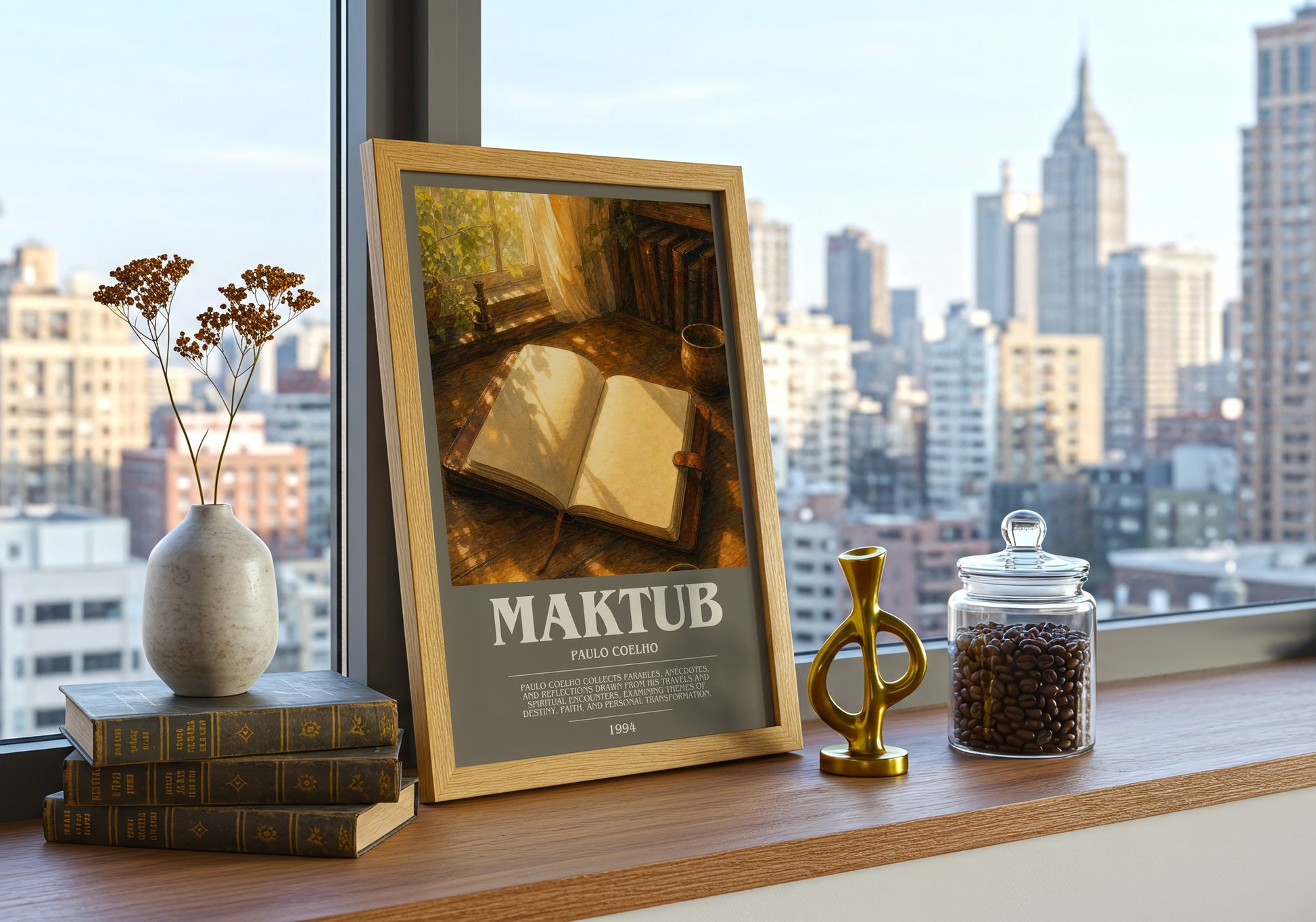 Maktub bookish print framed by window – literary home decor