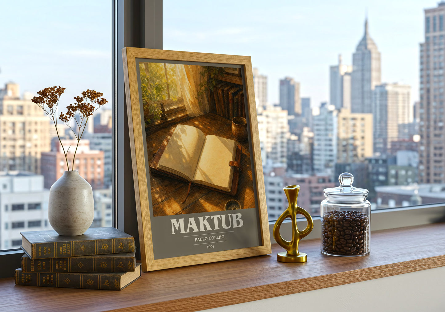 Maktub book cover print framed by window – literary home decor