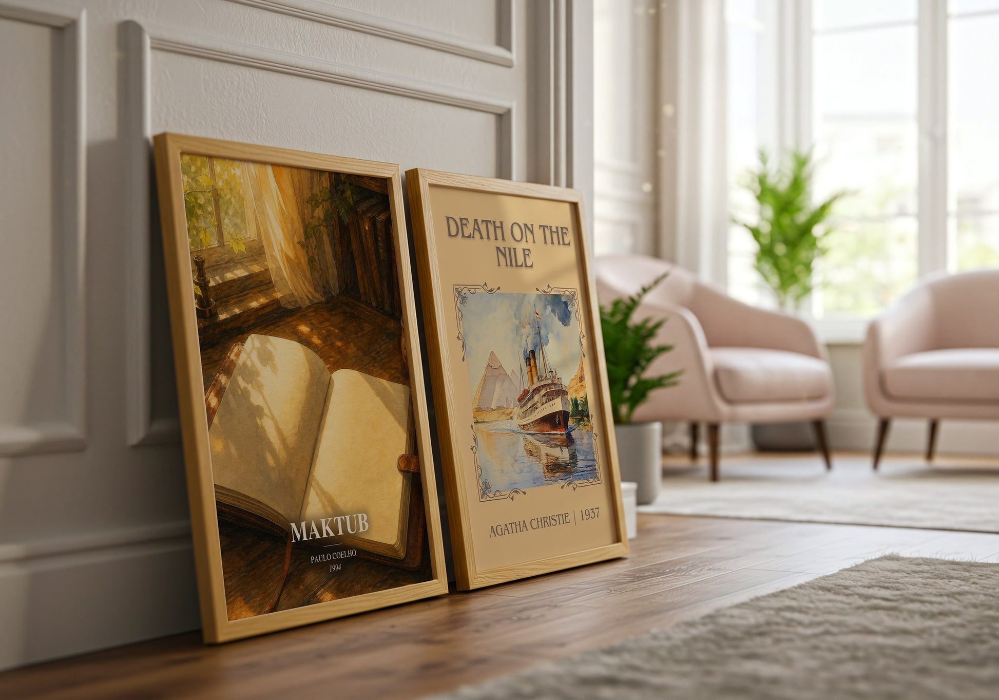 Maktub watercolour print framed by window – literary home decor