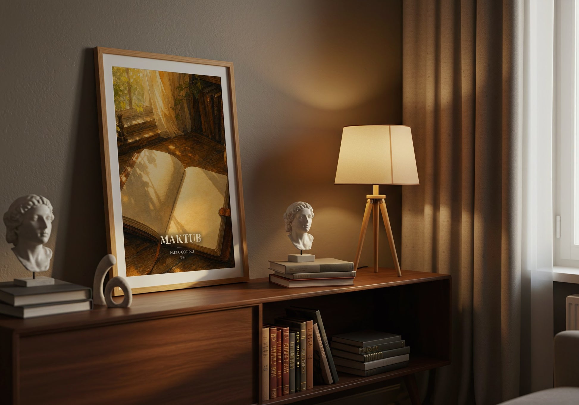 Maktub watercolour print on bookshelf – Paulo Coelho fan gift