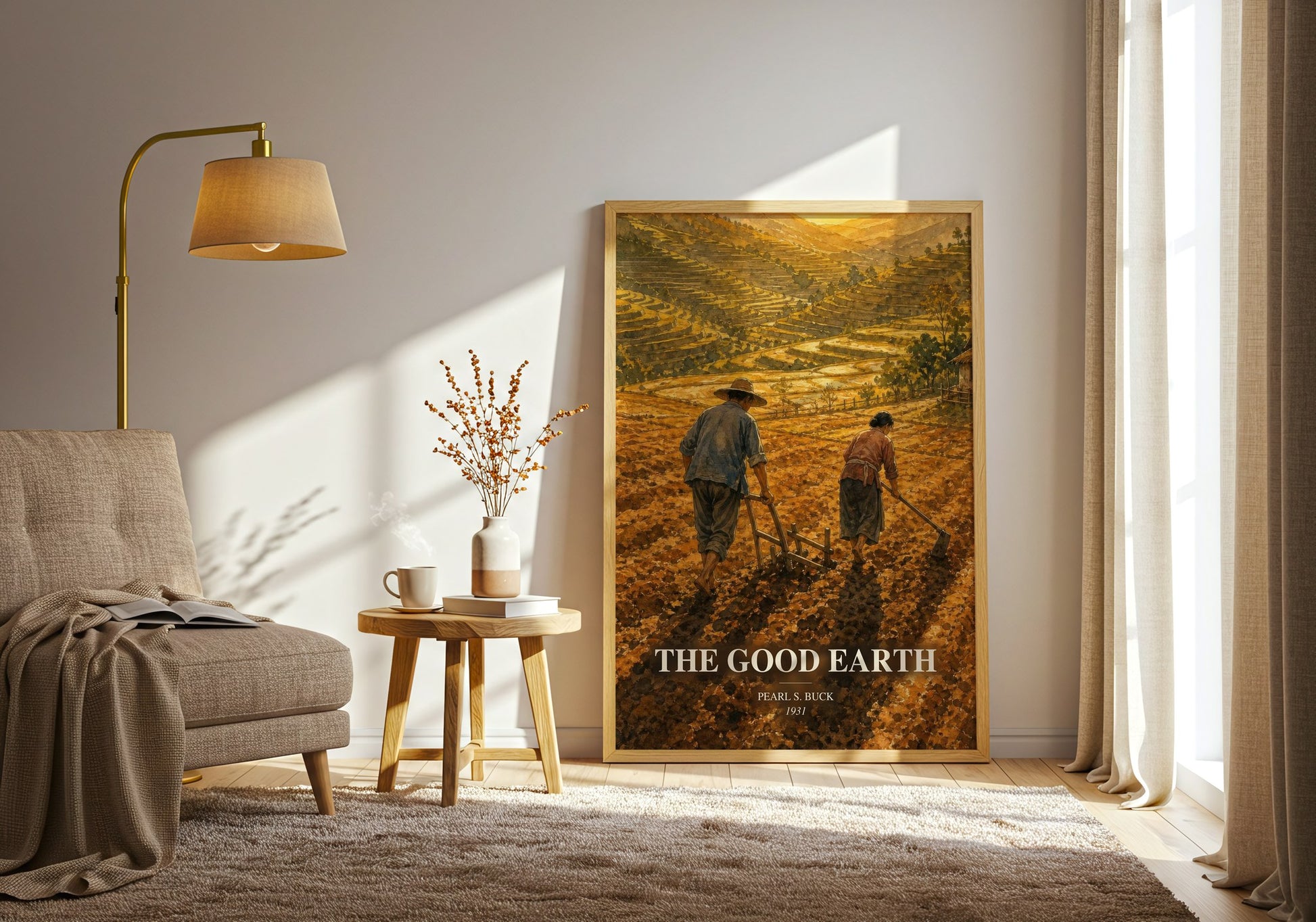 The Good Earth watercolour print in frame leaning in hallway – historical fiction wall art