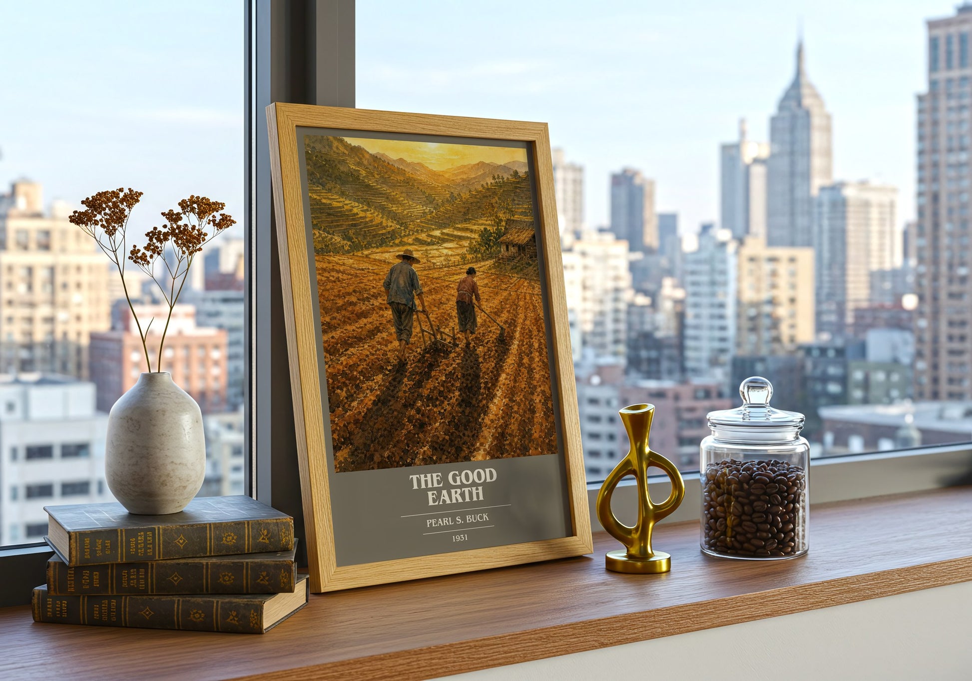 The Good Earth book cover print framed by window – literary home decor