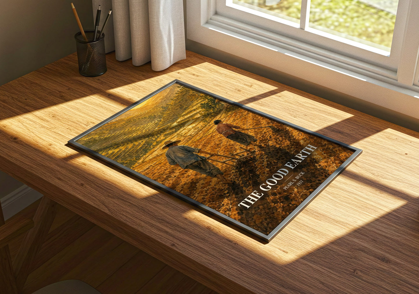 The Good Earth watercolour book poster framed on wall – historical fiction wall art