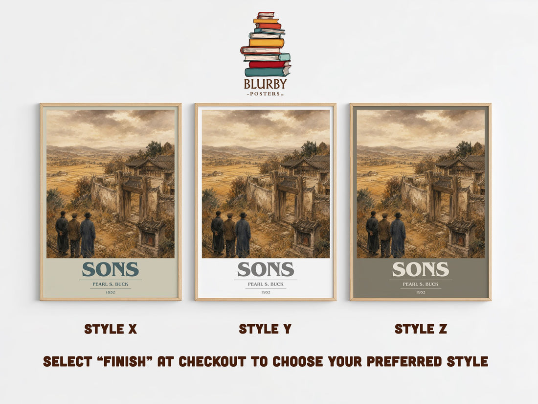 Sons book cover print in frame leaning in hallway – historical fiction wall art (mockup)
