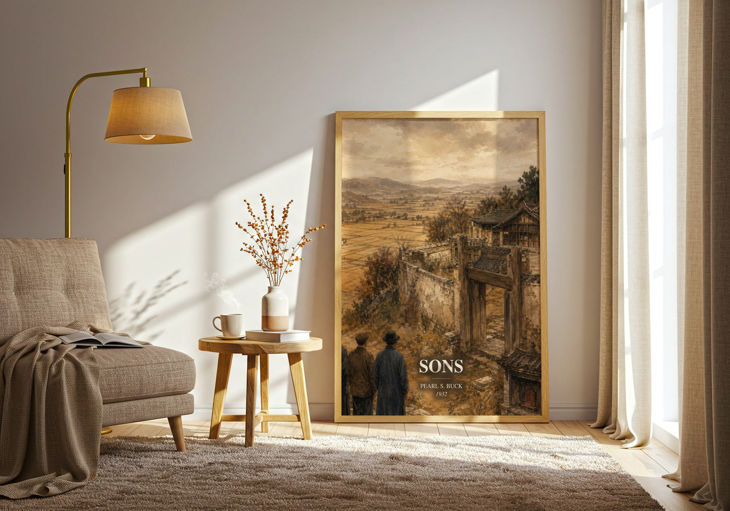 Sons watercolour print in frame leaning in hallway – historical fiction wall art