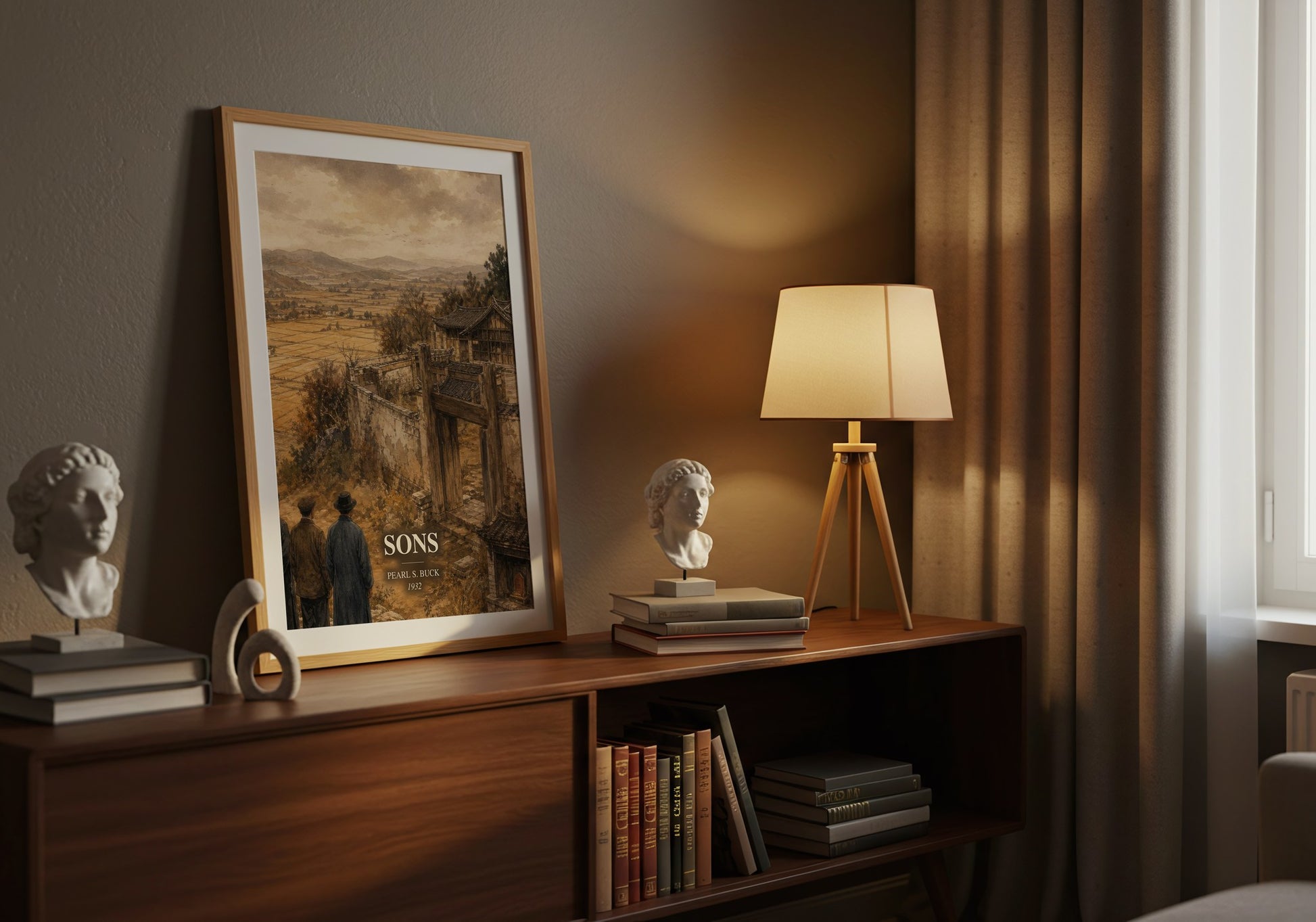 Sons watercolour print on bookshelf – Pearl S. Buck fan gift