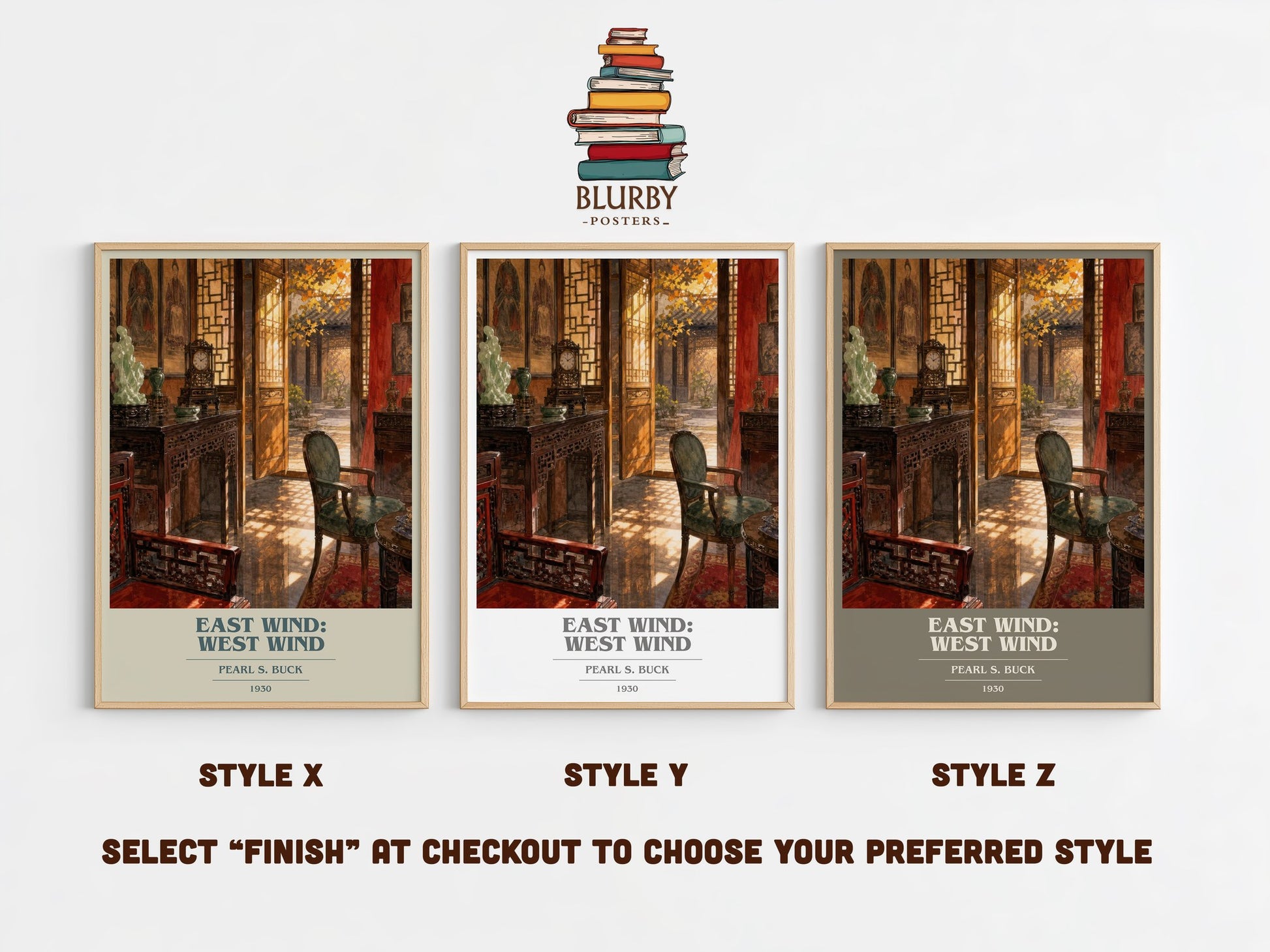 East Wind: West Wind book cover print in frame leaning in hallway – literary fiction wall art