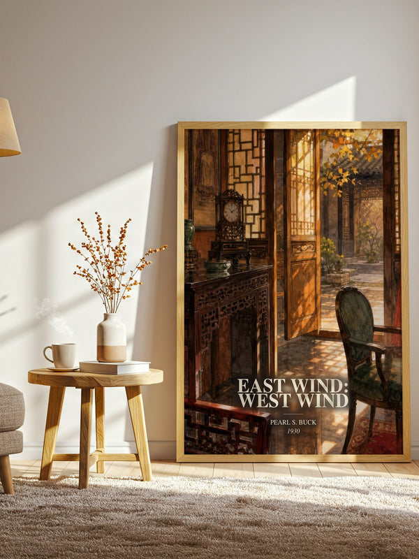 East Wind: West Wind watercolour print in frame leaning in hallway – literary fiction wall art