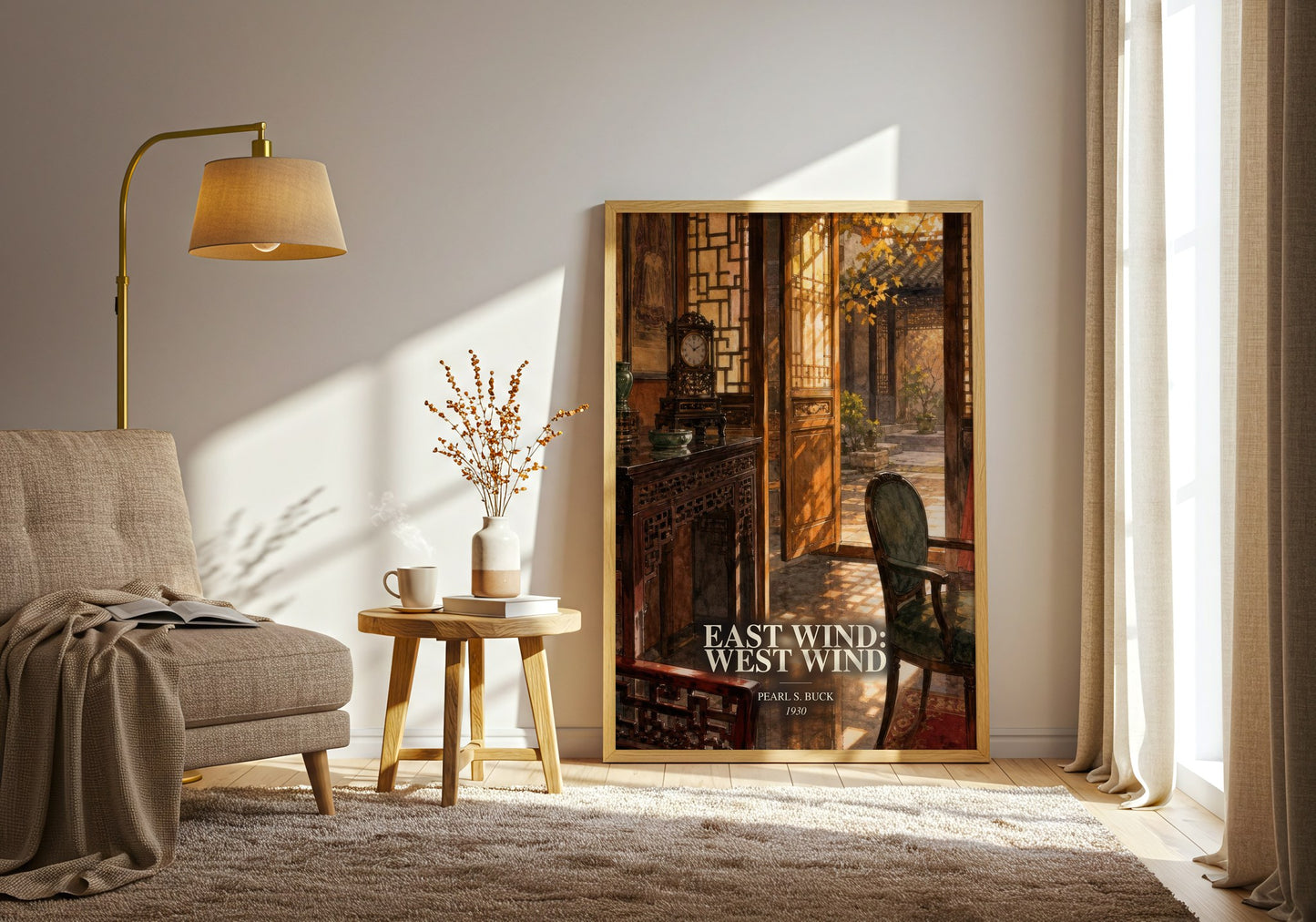 East Wind: West Wind watercolour print in frame leaning in hallway – literary fiction wall art