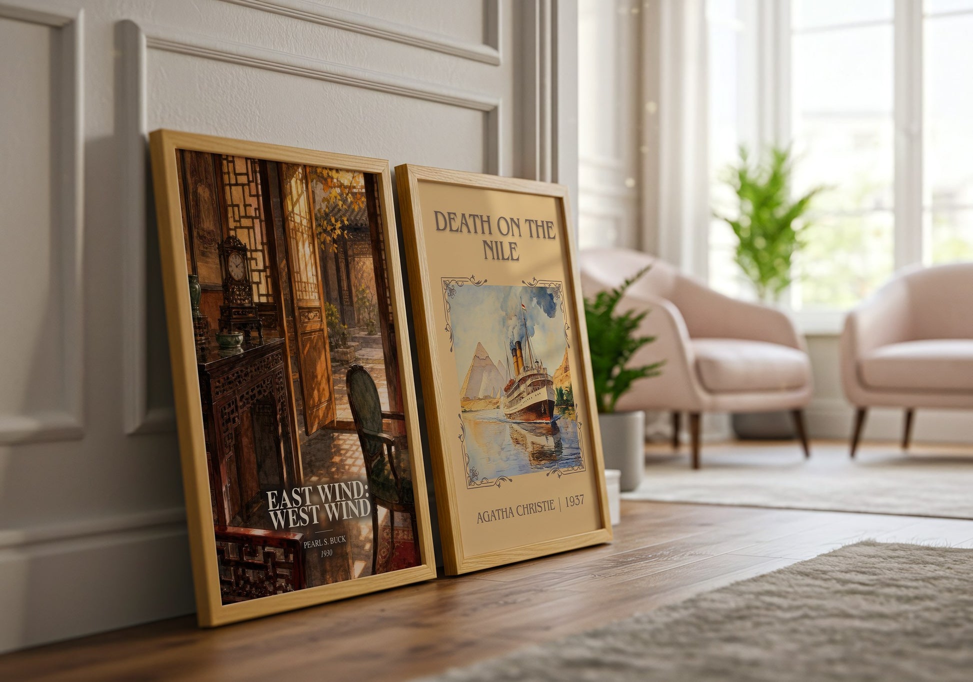 East Wind: West Wind watercolour print framed by window – literary home decor