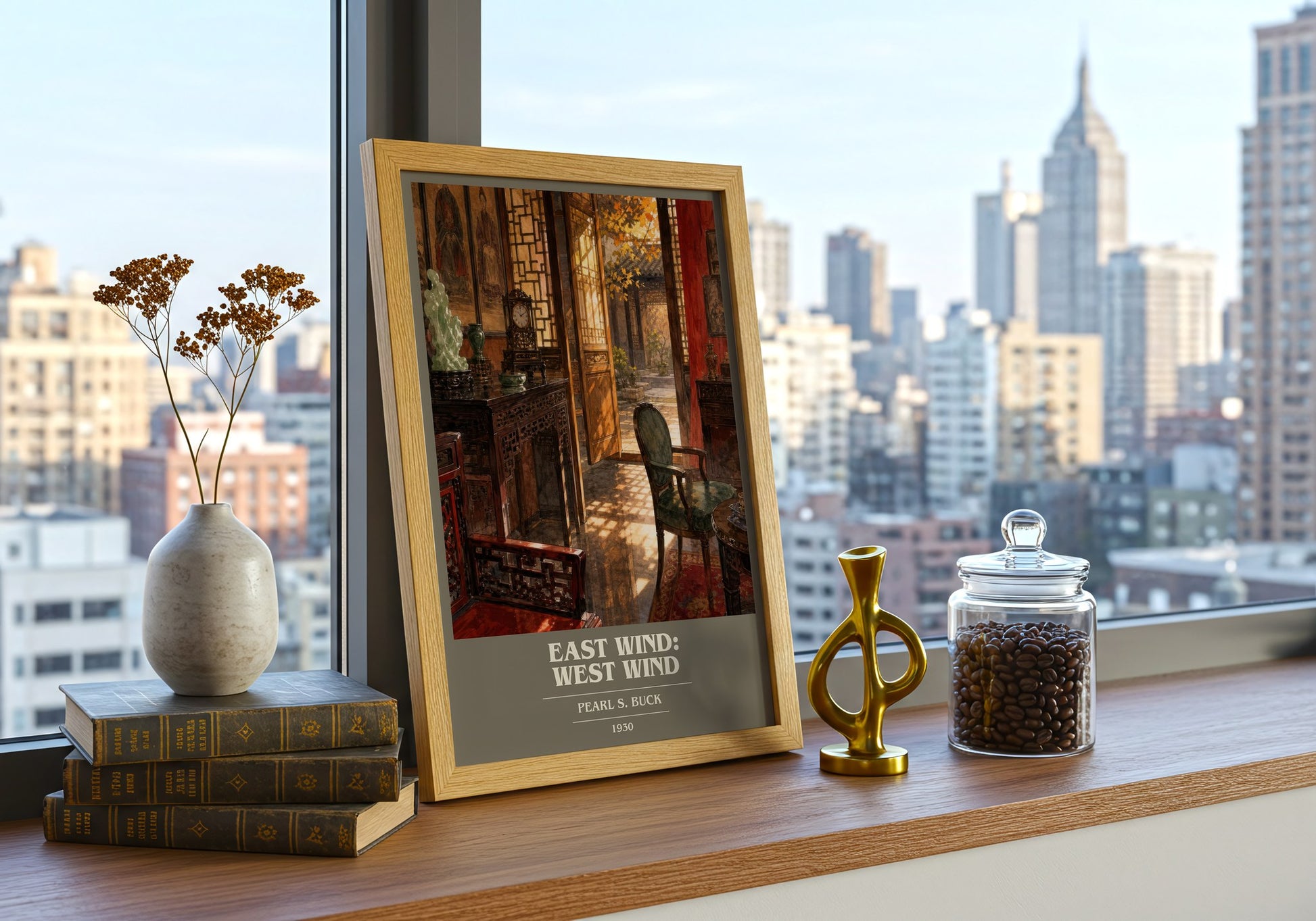 East Wind: West Wind book cover print framed by window – literary home decor