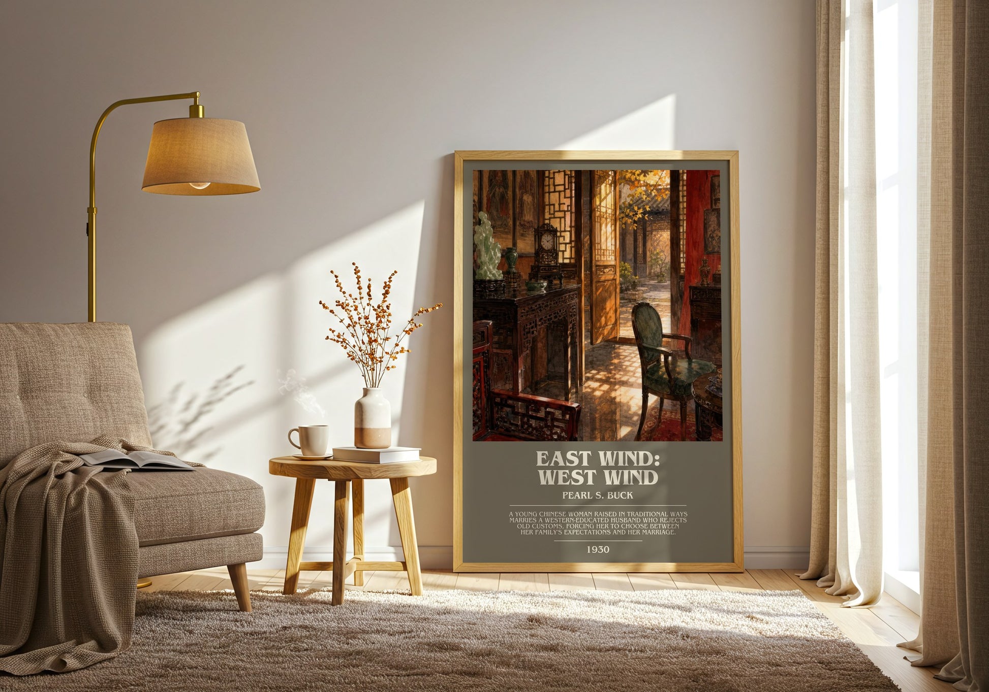 East Wind: West Wind bookish print on bookshelf – Pearl S. Buck fan gift