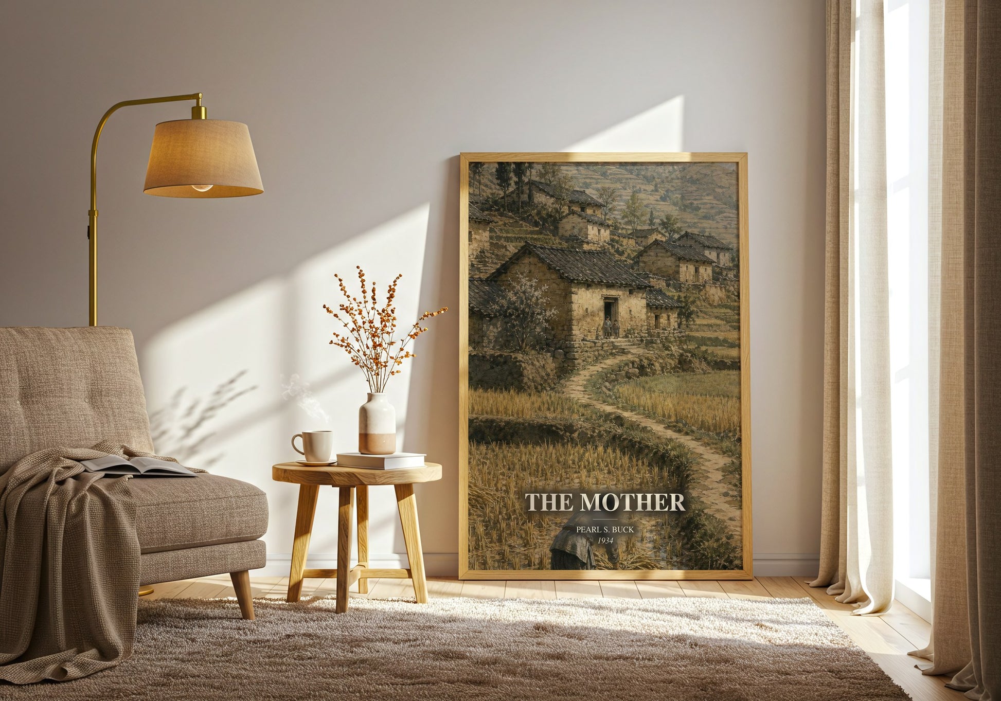 The Mother watercolour print in frame leaning in hallway – literary fiction wall art