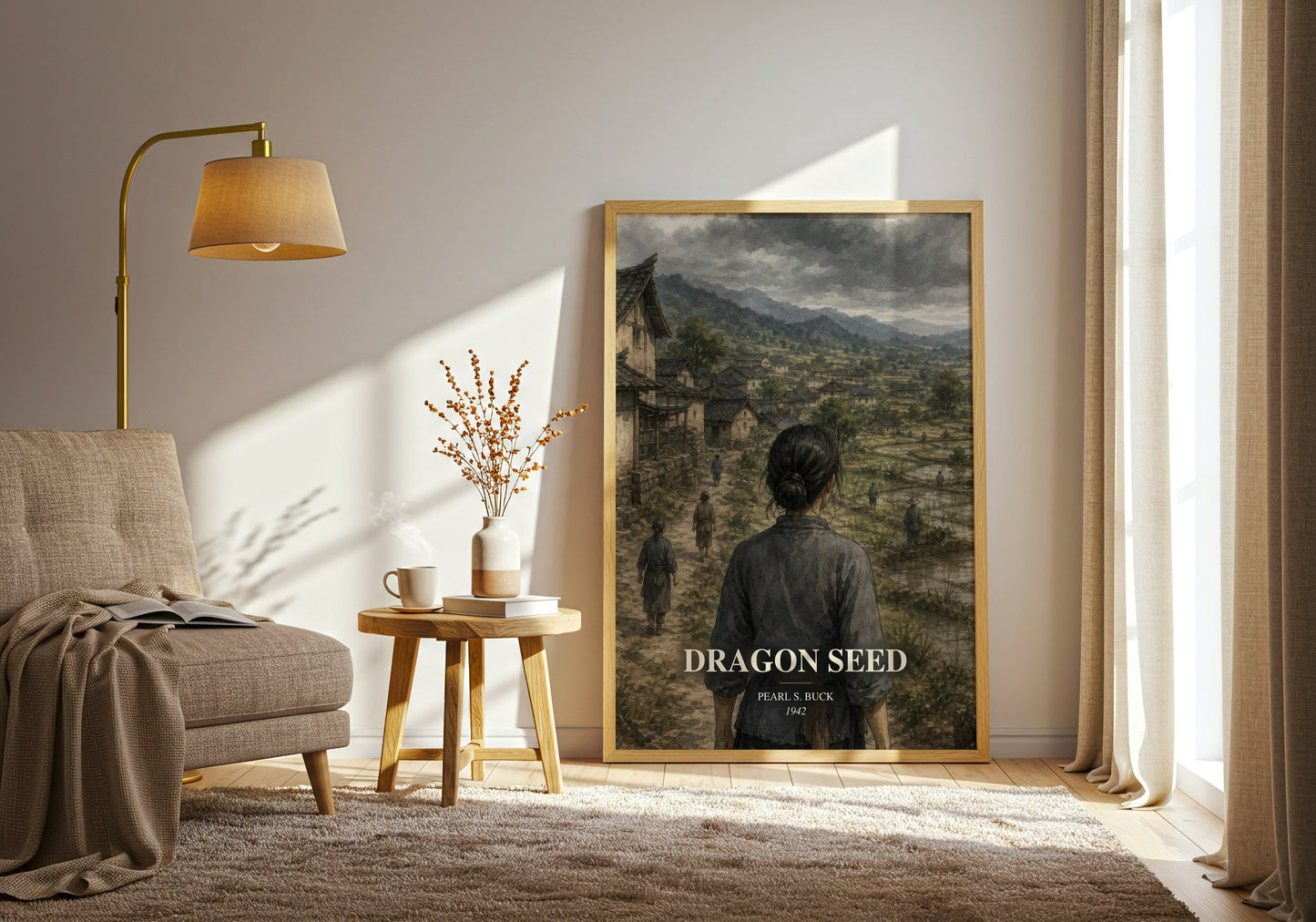 Dragon Seed watercolour print in frame leaning in hallway – historical fiction wall art